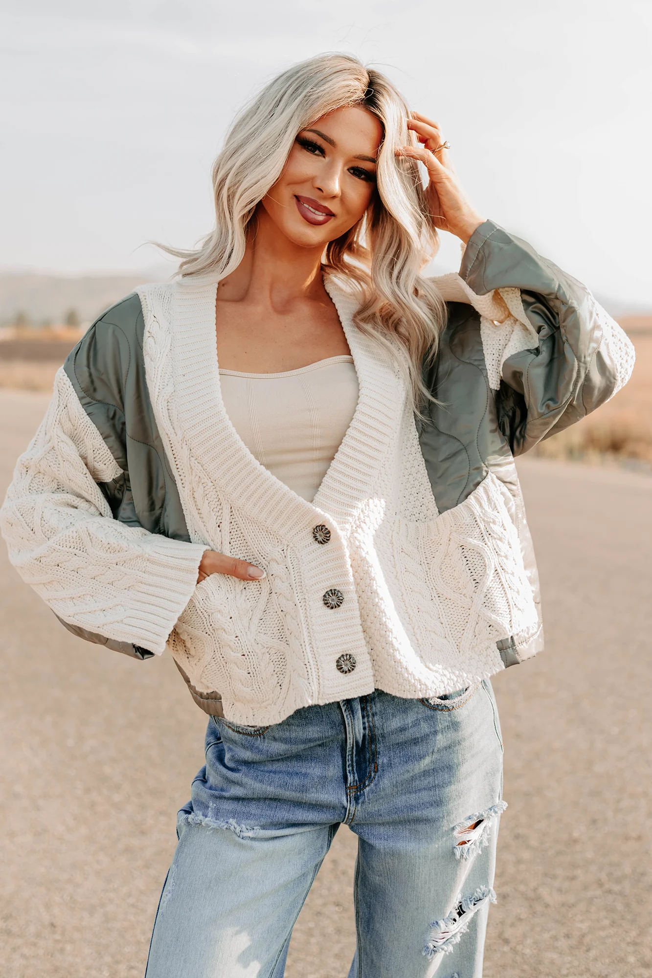 Latte Layers Quilted Cable Knit POL Cardigan (Natural/Olive) - Image 2