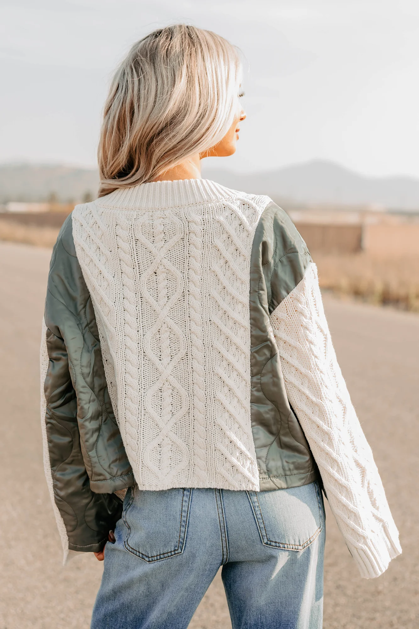 Latte Layers Quilted Cable Knit POL Cardigan (Natural/Olive) - Image 3