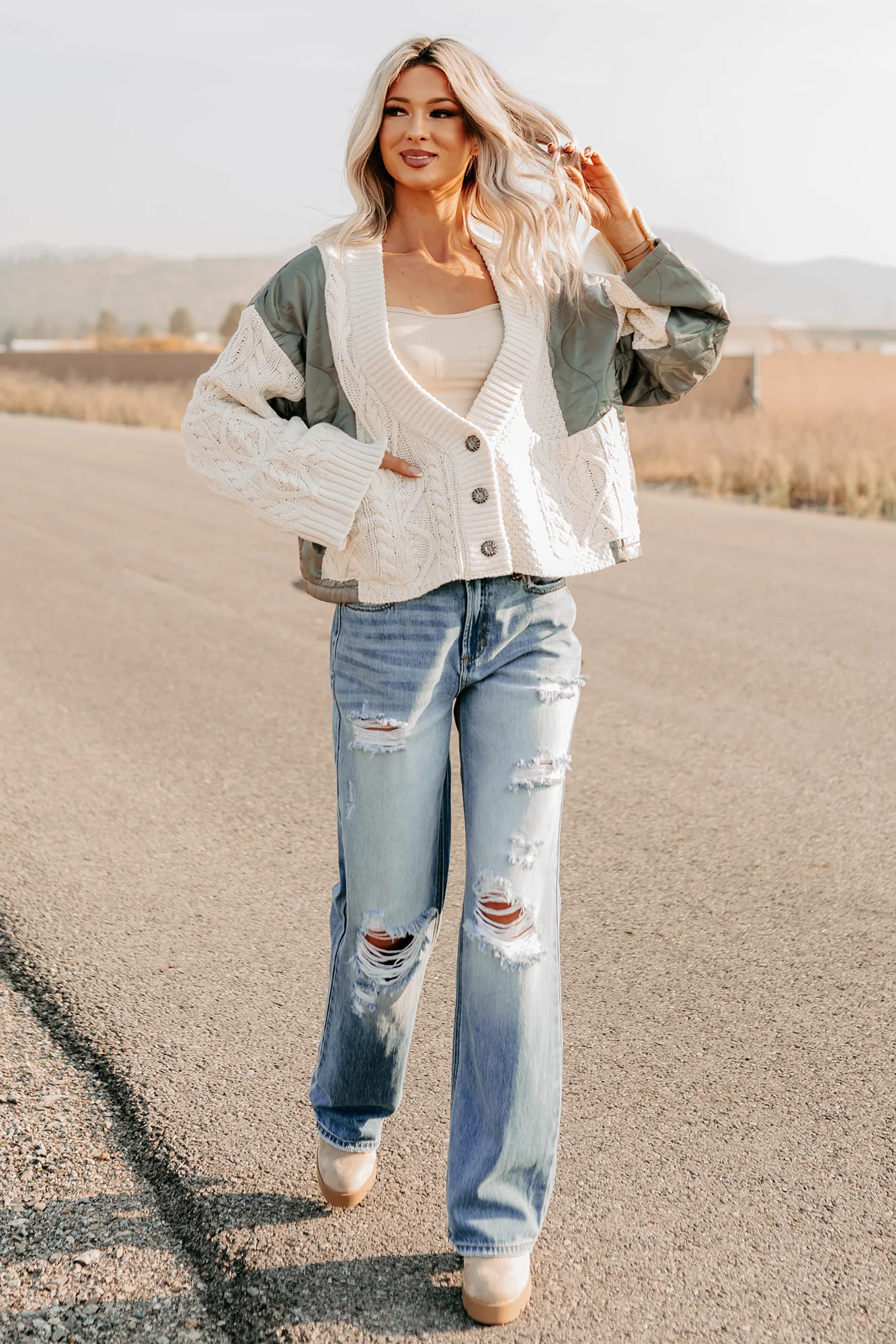 Latte Layers Quilted Cable Knit POL Cardigan (Natural/Olive) - Image 4