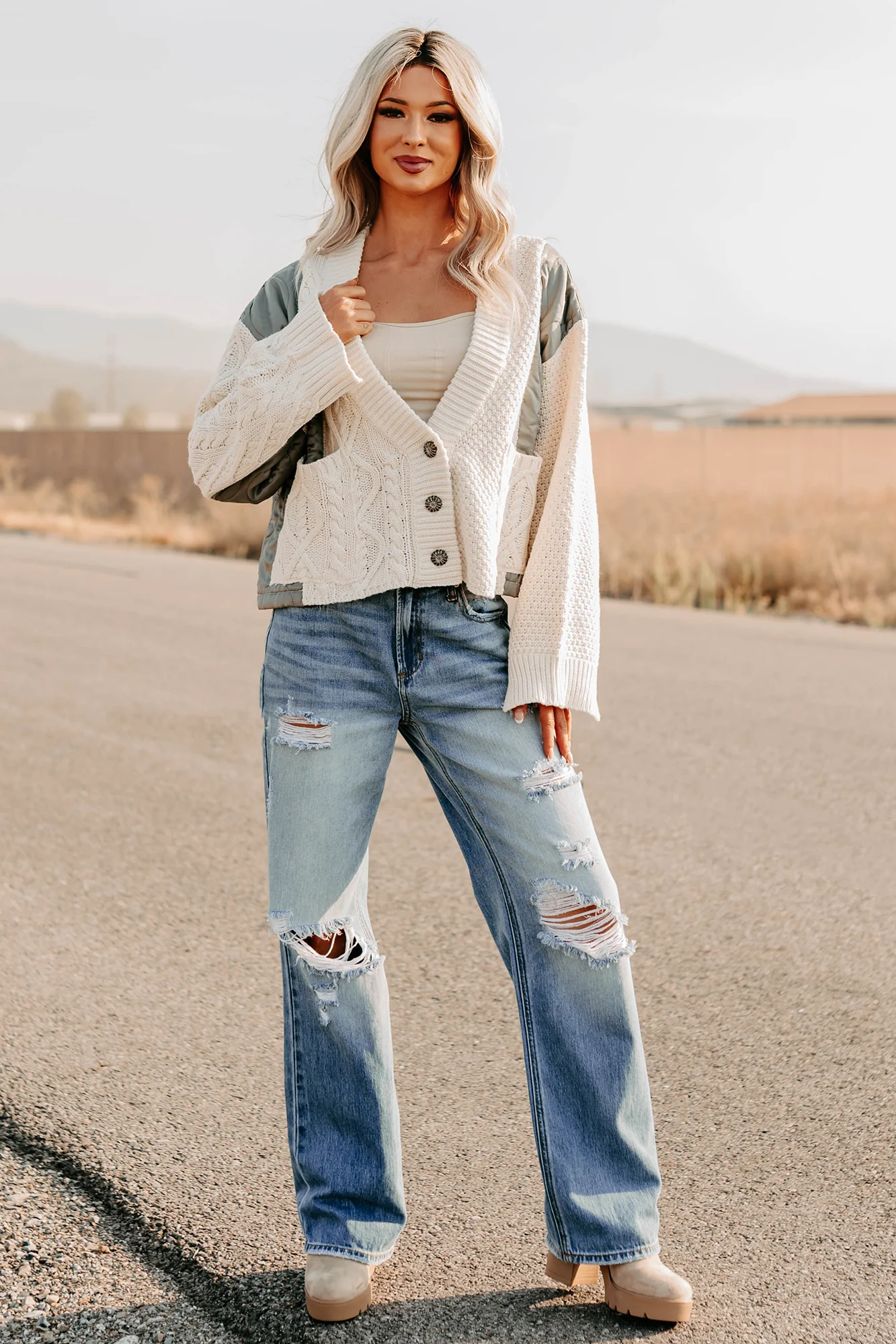 Latte Layers Quilted Cable Knit POL Cardigan (Natural/Olive) - Image 6