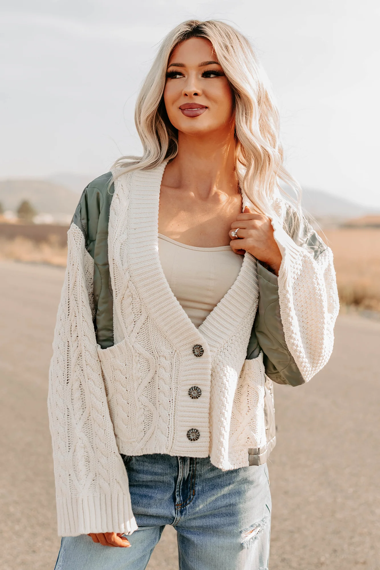 Latte Layers Quilted Cable Knit POL Cardigan (Natural/Olive) - Image 7