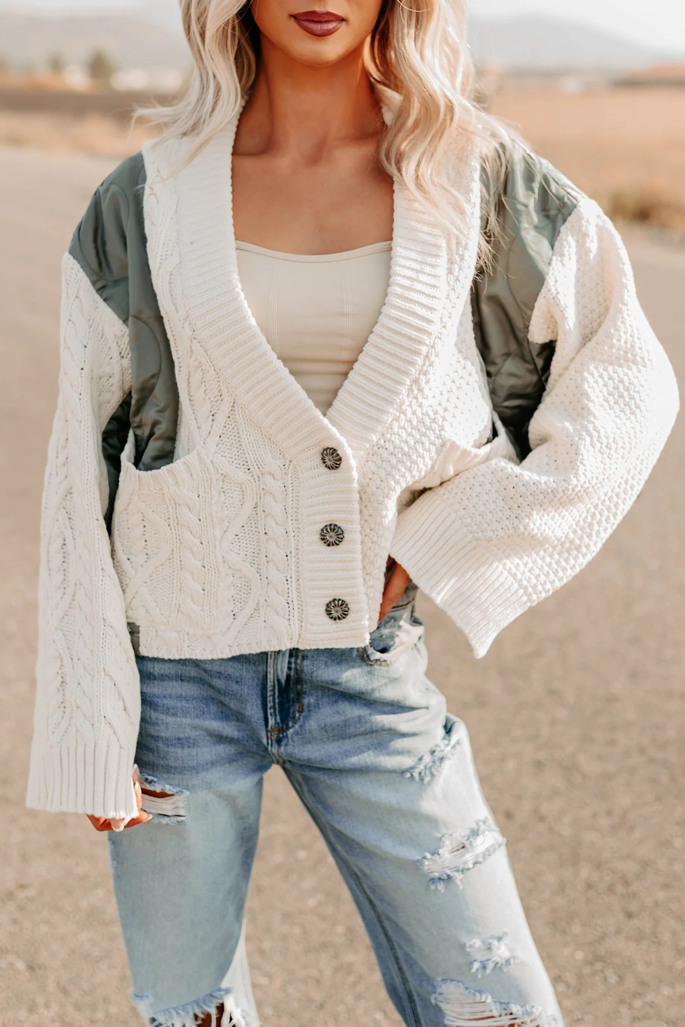 Latte Layers Quilted Cable Knit POL Cardigan (Natural/Olive) - Image 8