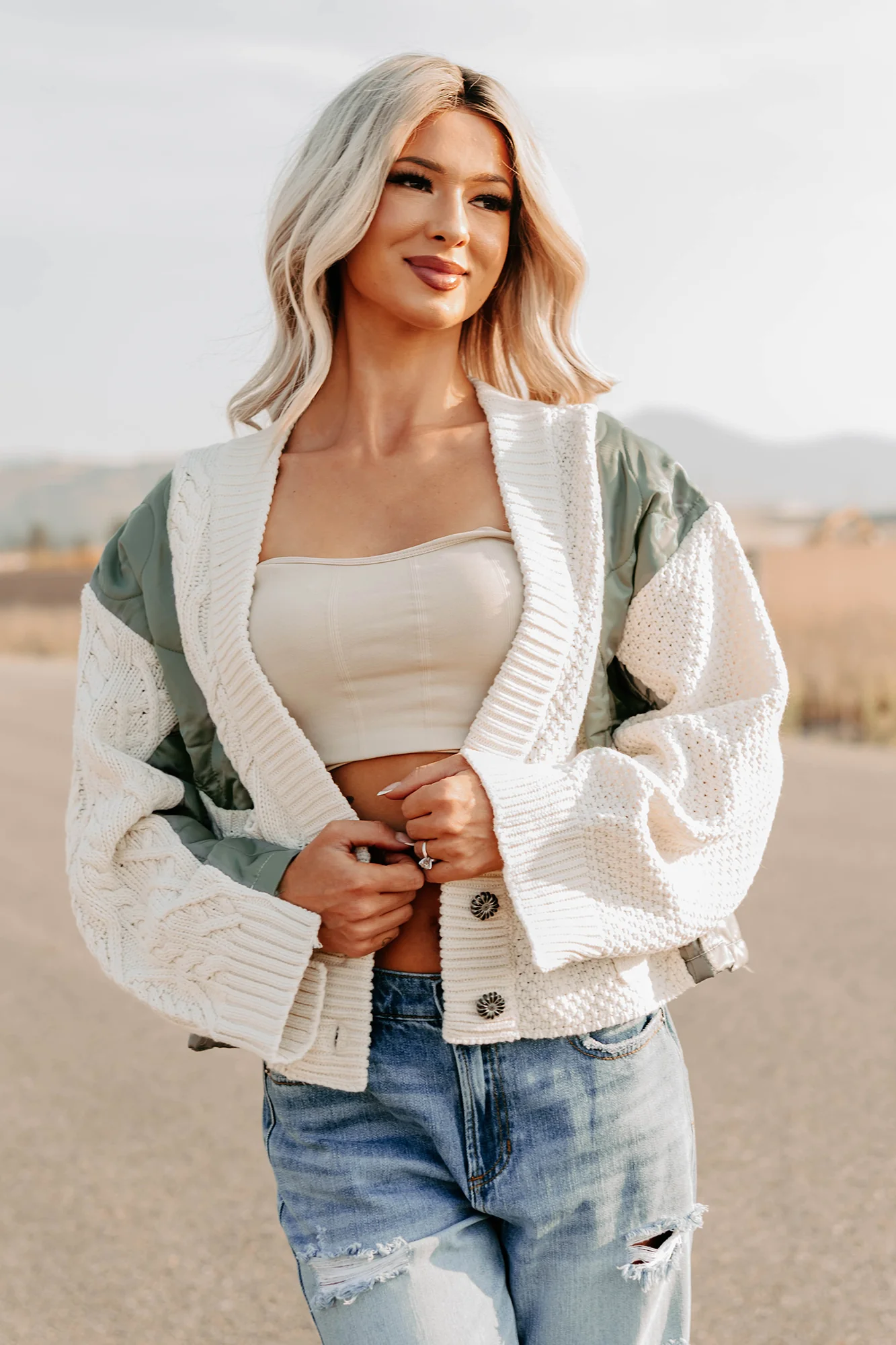 Latte Layers Quilted Cable Knit POL Cardigan (Natural/Olive) - Image 9