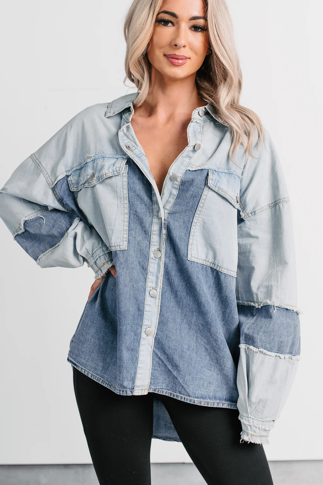 Laugh Lines Raw Seam Denim Shacket (Denim Multi) - Image 2