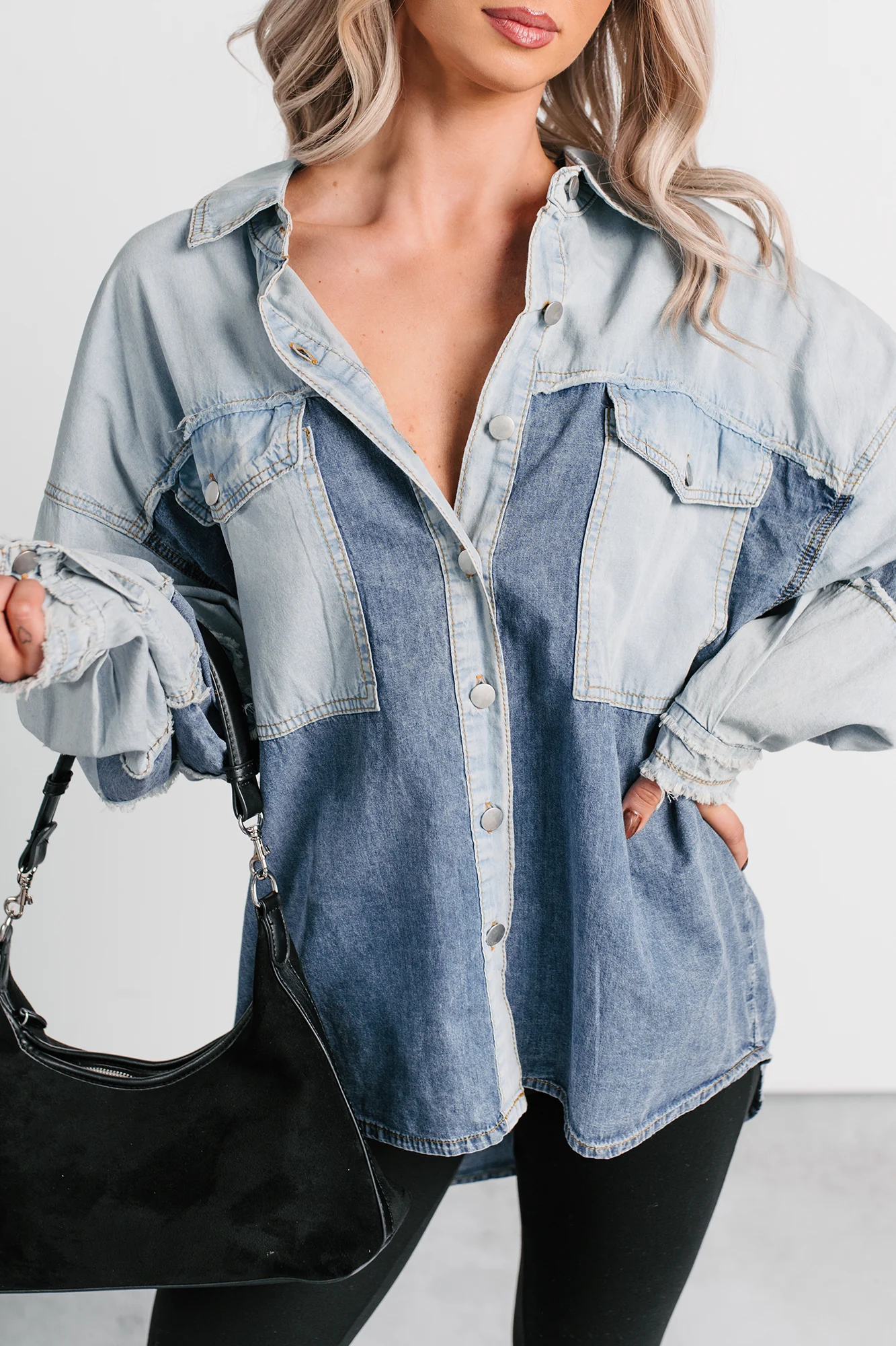 Laugh Lines Raw Seam Denim Shacket (Denim Multi) - Image 4