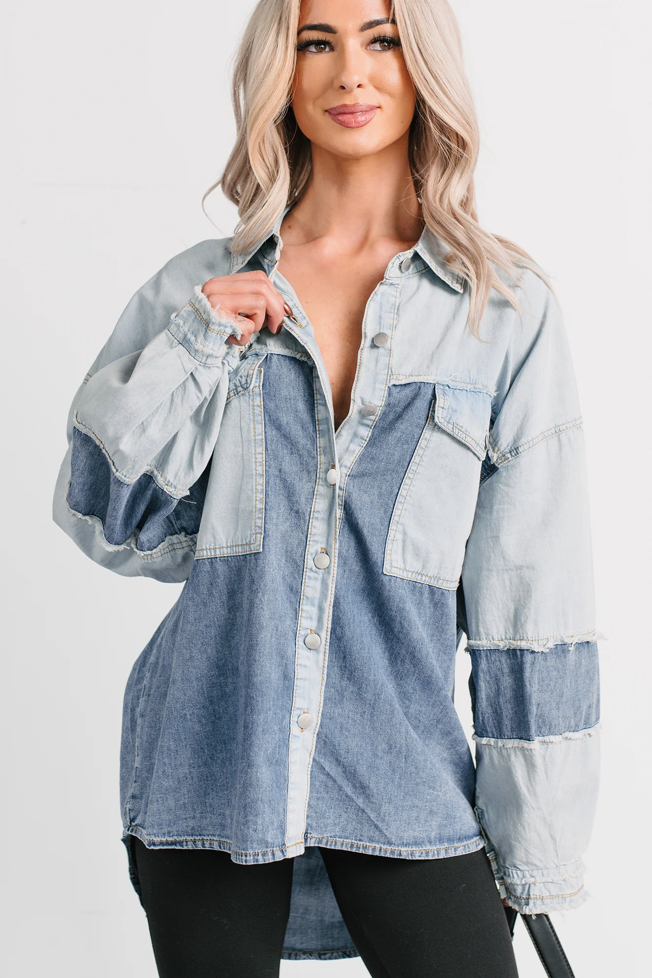 Laugh Lines Raw Seam Denim Shacket (Denim Multi) - Image 6
