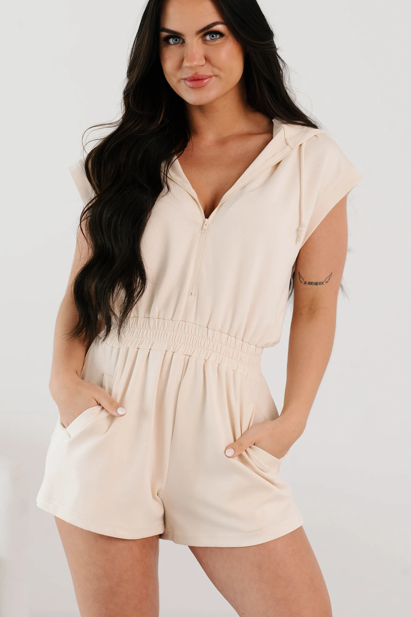 Lazy Day Vibes Sleeveless Hoodie Romper (Cream) - Image 2