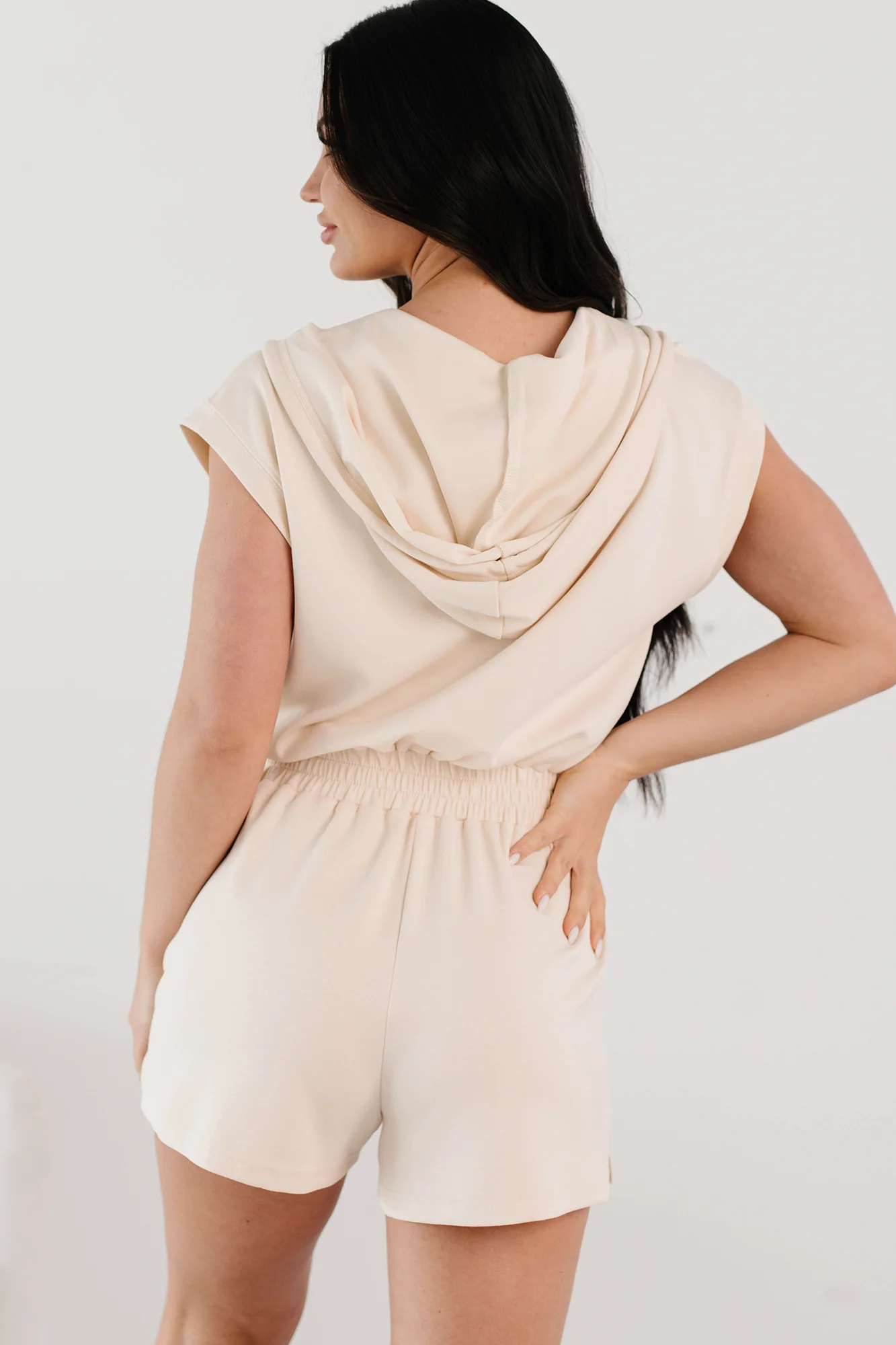Lazy Day Vibes Sleeveless Hoodie Romper (Cream) - Image 3