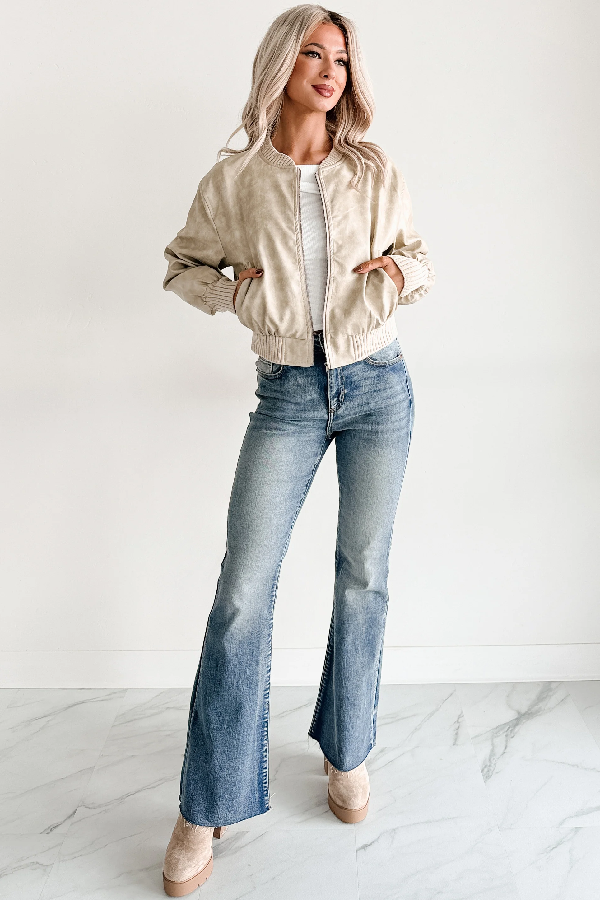 Leading Now Faux Leather Bomber Jacket (Sand) - Image 2