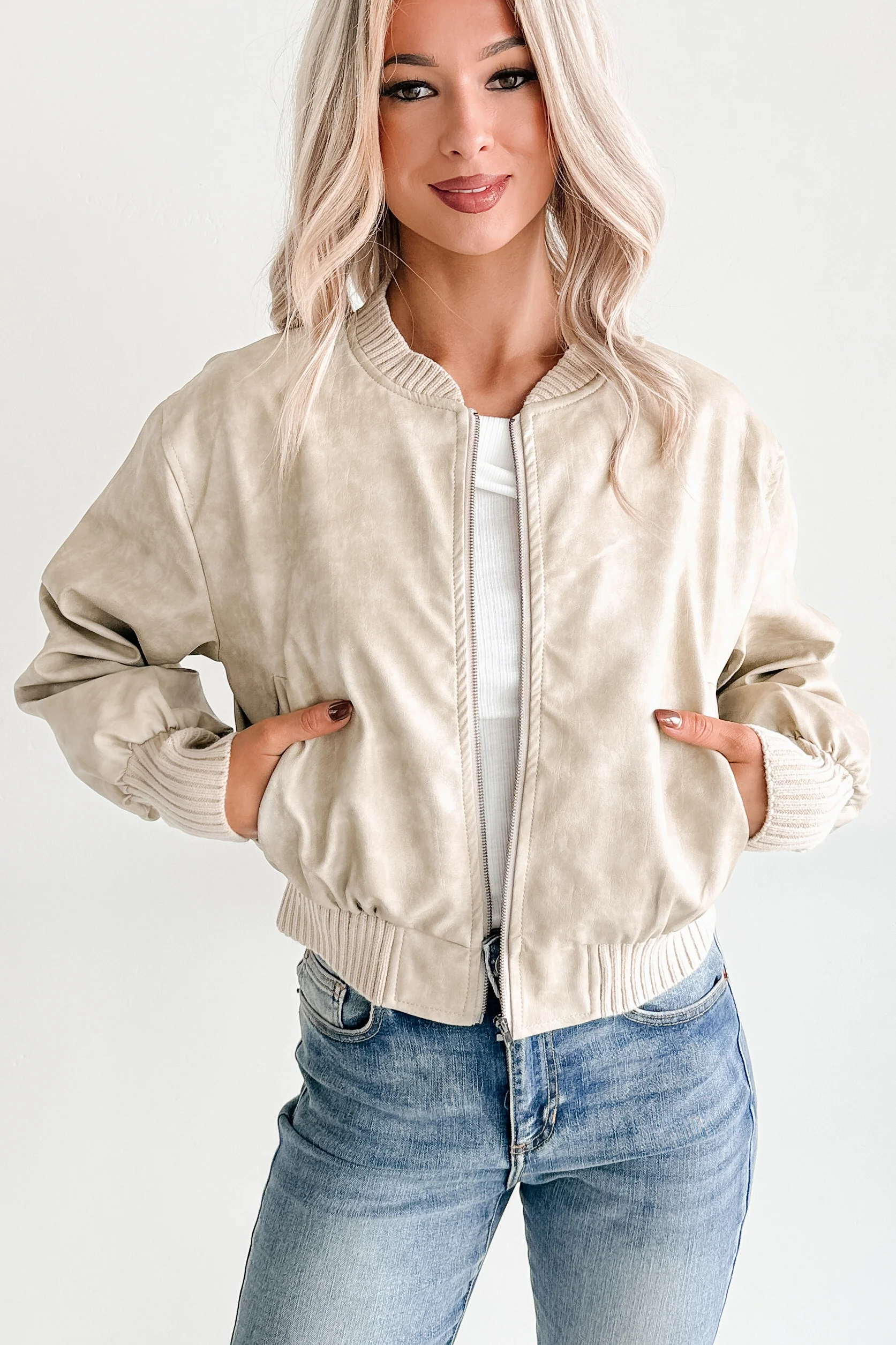 Leading Now Faux Leather Bomber Jacket (Sand) - Image 5