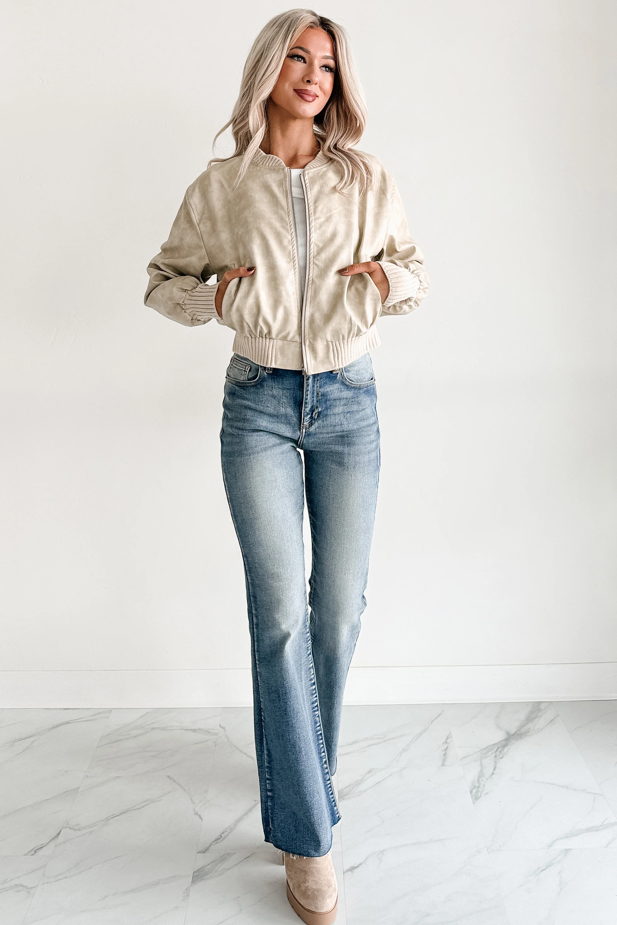 Leading Now Faux Leather Bomber Jacket (Sand) - Image 6