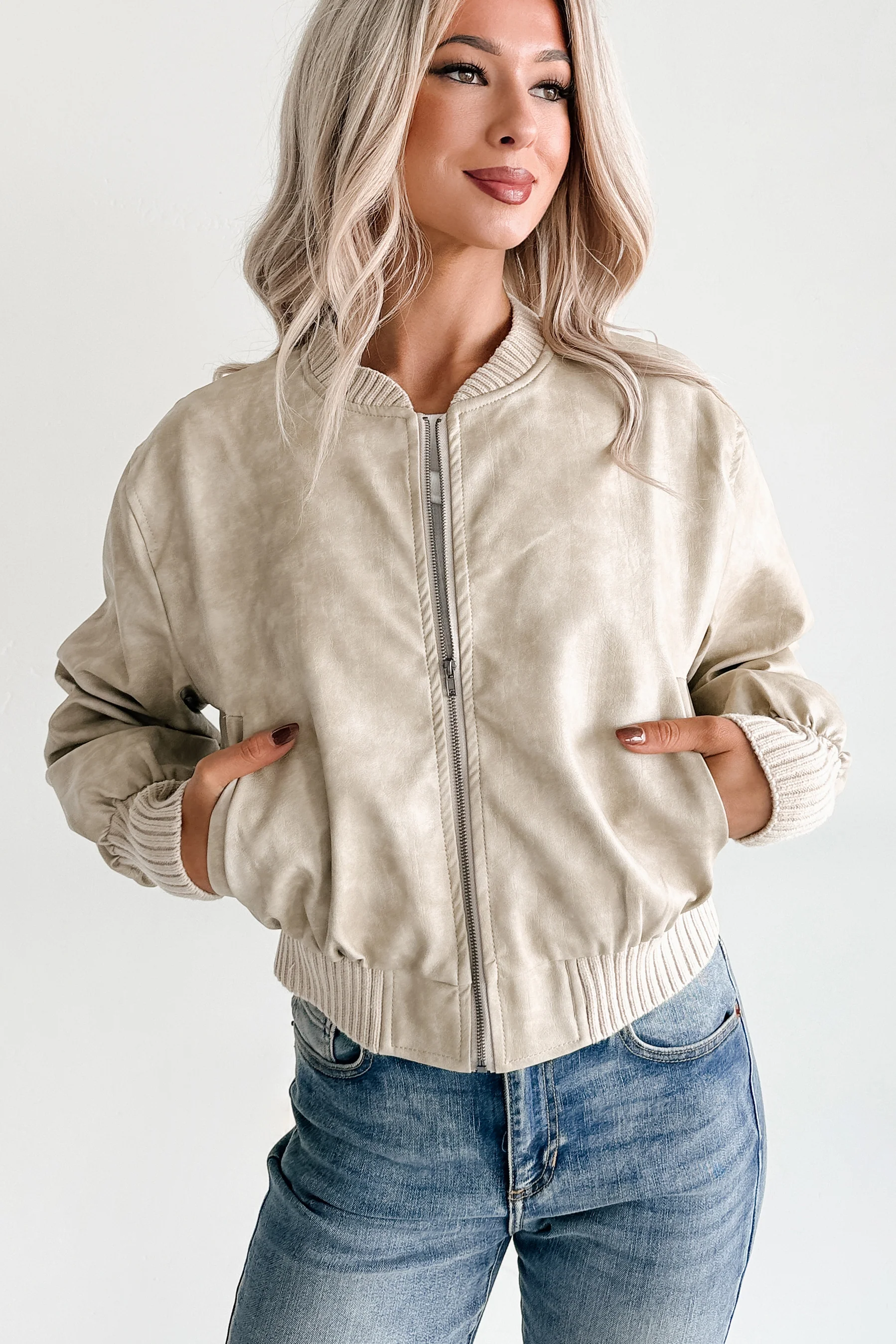 Leading Now Faux Leather Bomber Jacket (Sand) - Image 7