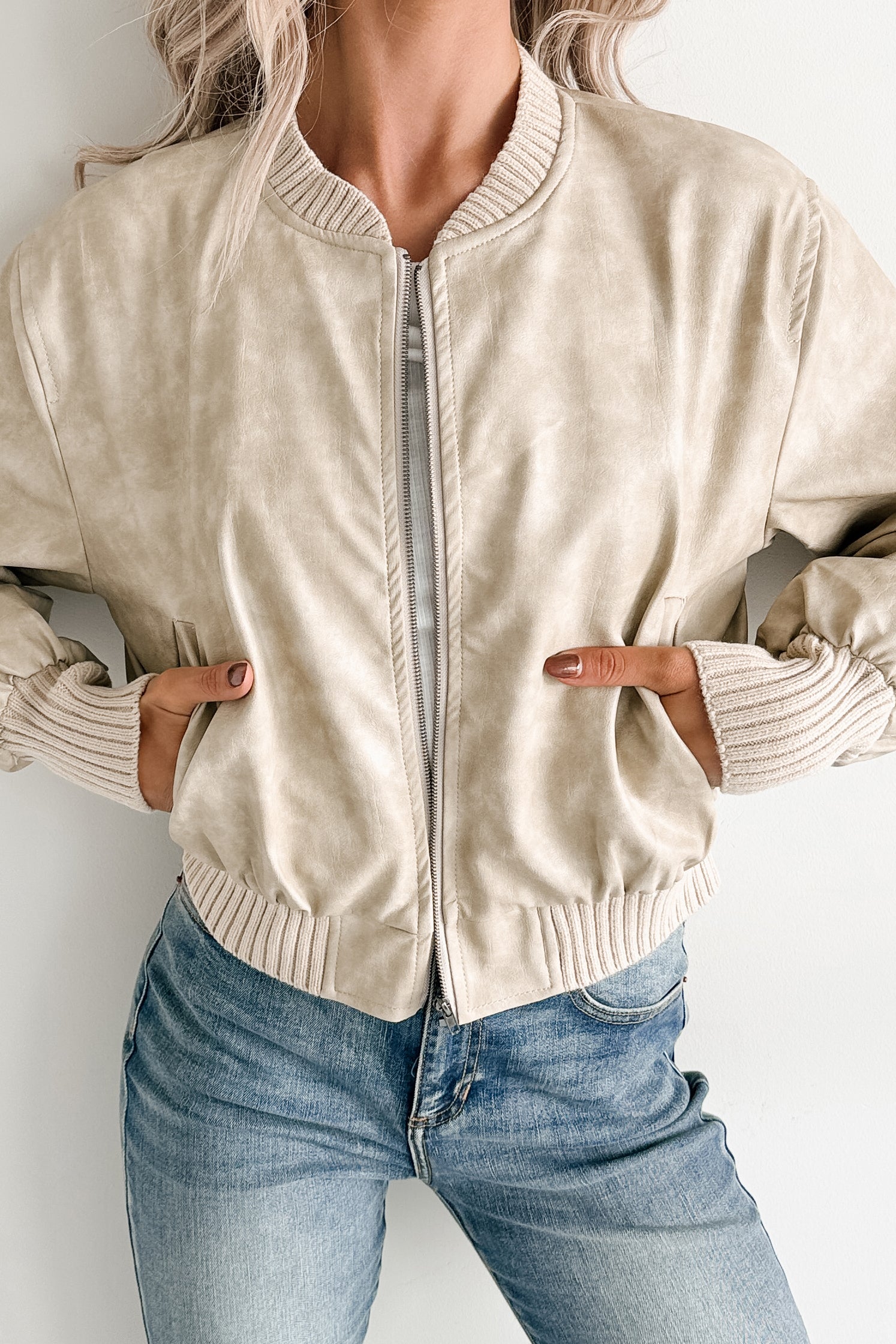 Leading Now Faux Leather Bomber Jacket (Sand) - Image 8
