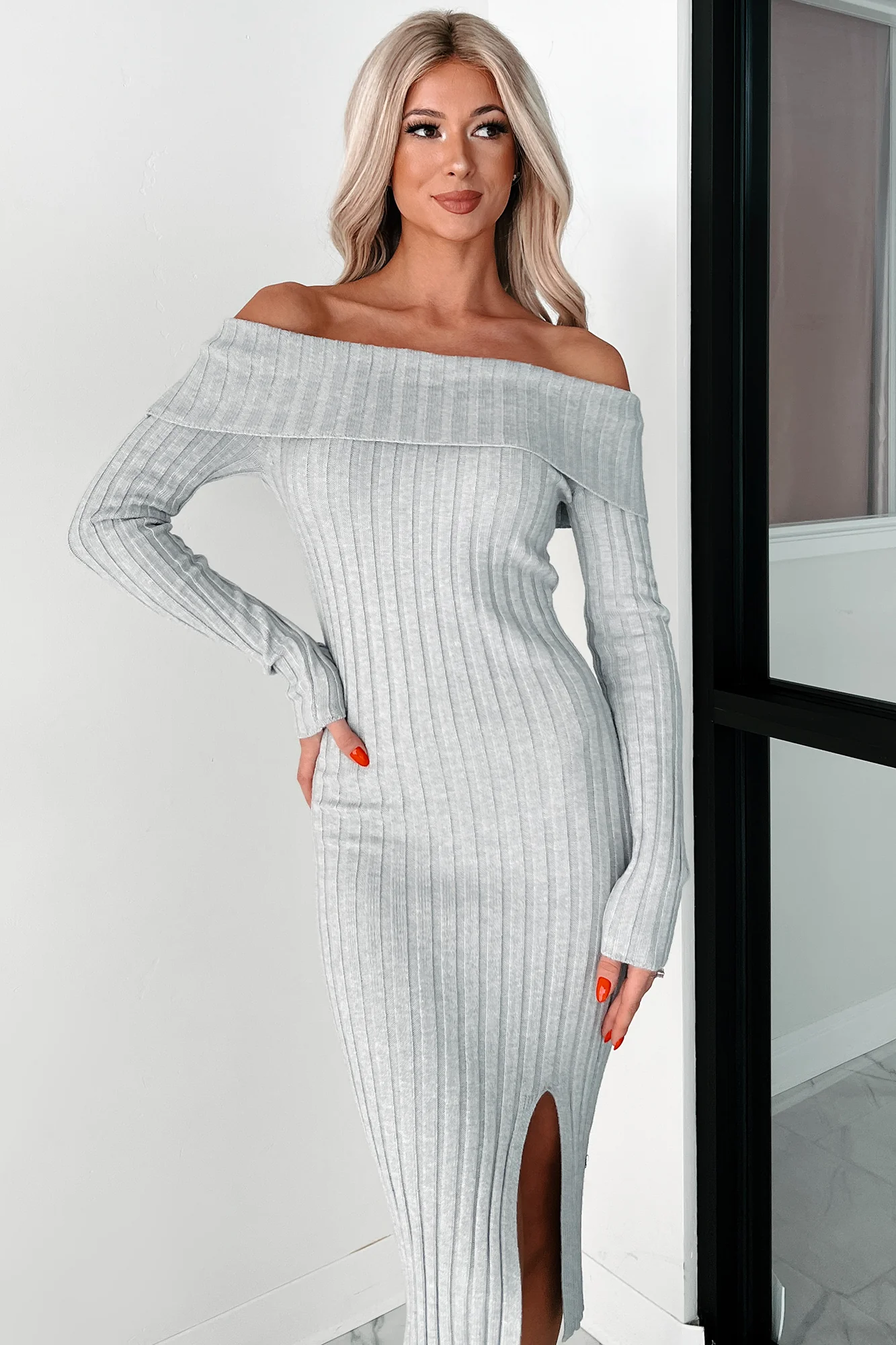 Leah Off The Shoulder Sweater Dress (Light Heather Grey) - Image 5
