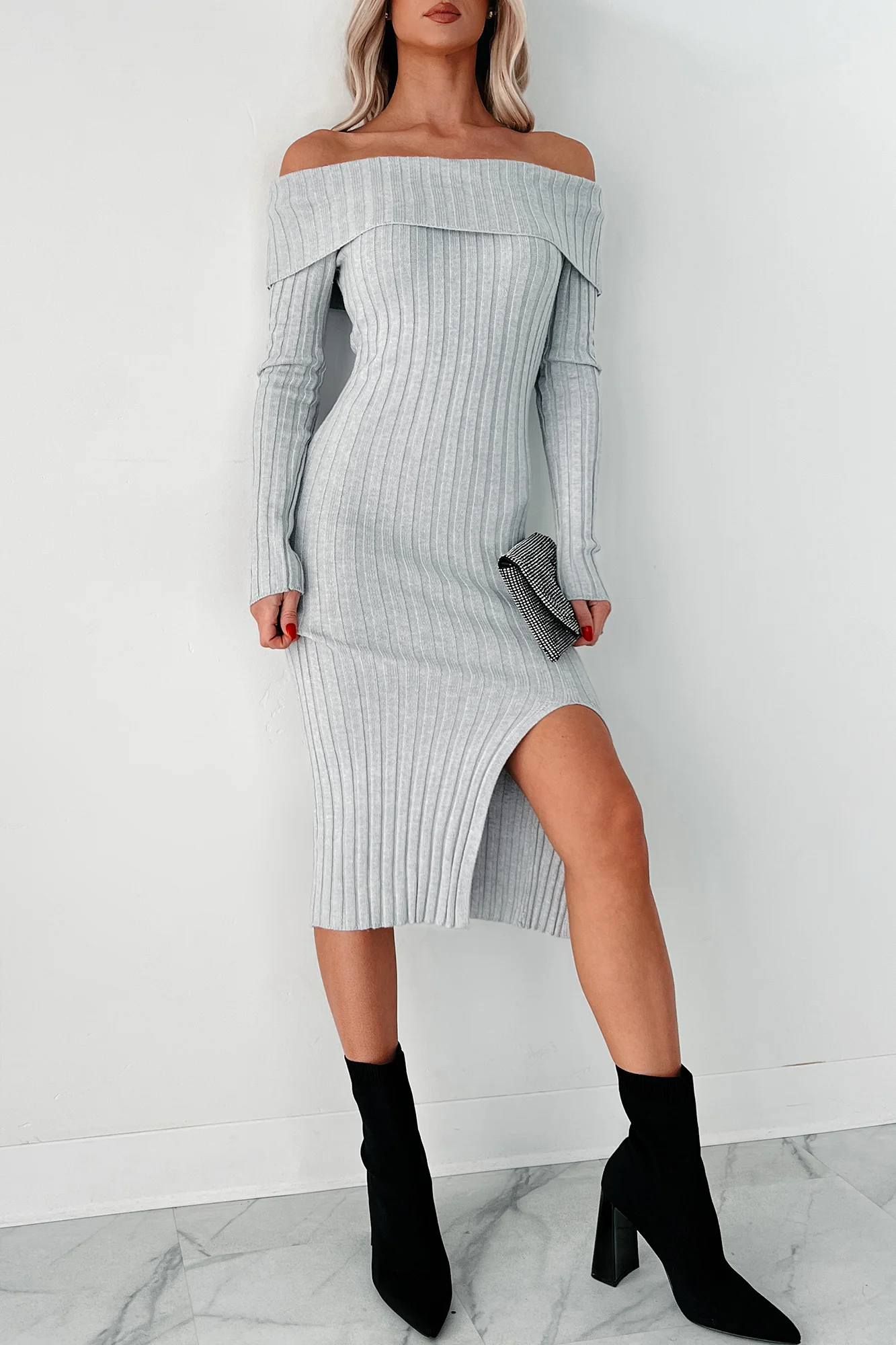 Leah Off The Shoulder Sweater Dress (Light Heather Grey) - Image 6