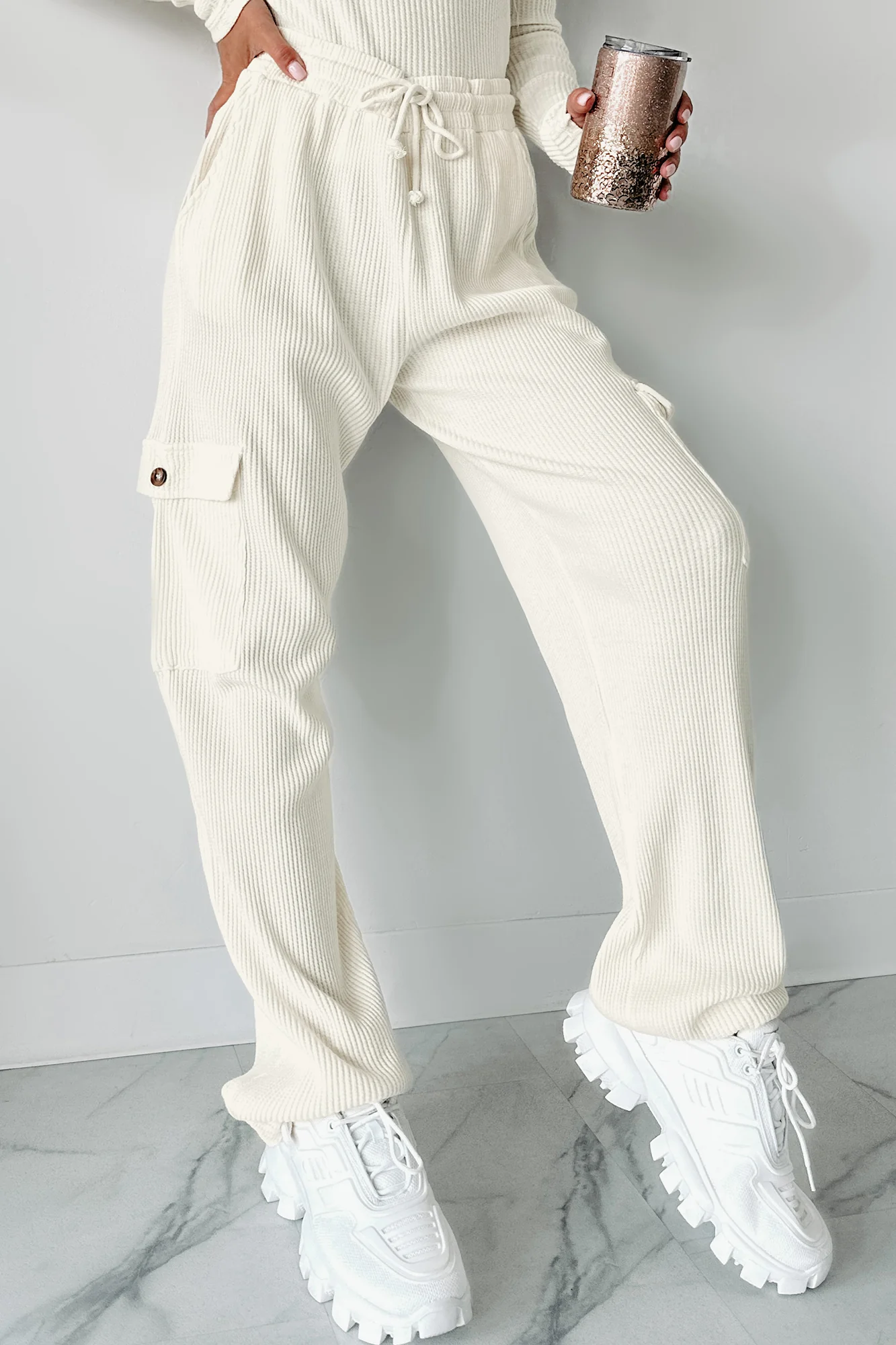 Leave Me Alone Cargo Waffle Knit Pants (Cream) - Image 4