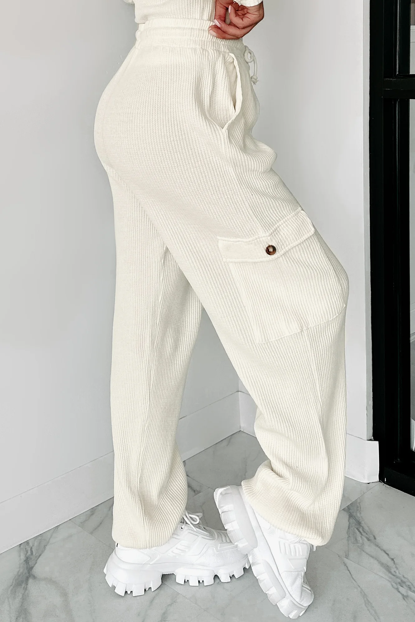 Leave Me Alone Cargo Waffle Knit Pants (Cream) - Image 5