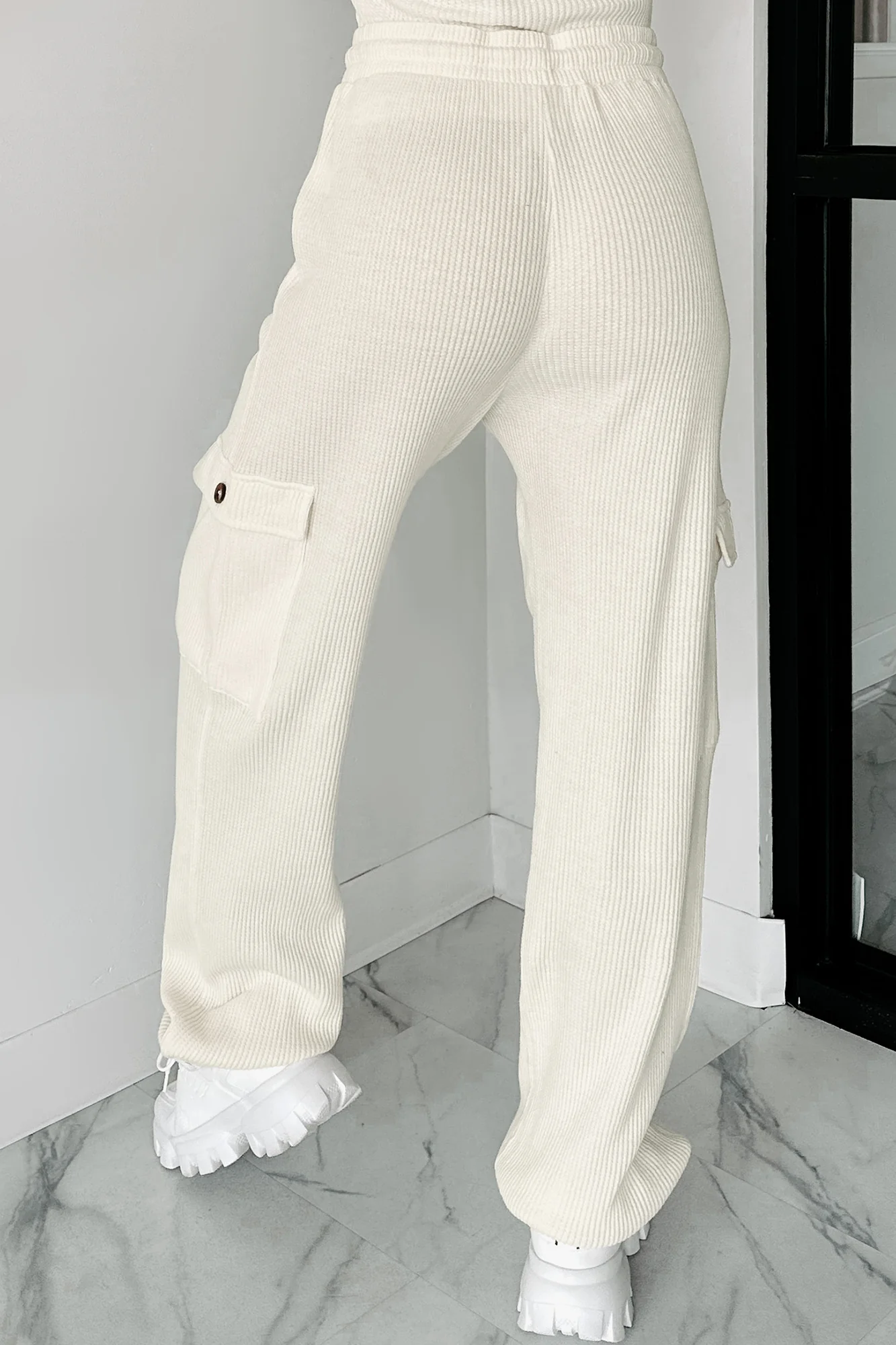 Leave Me Alone Cargo Waffle Knit Pants (Cream) - Image 6