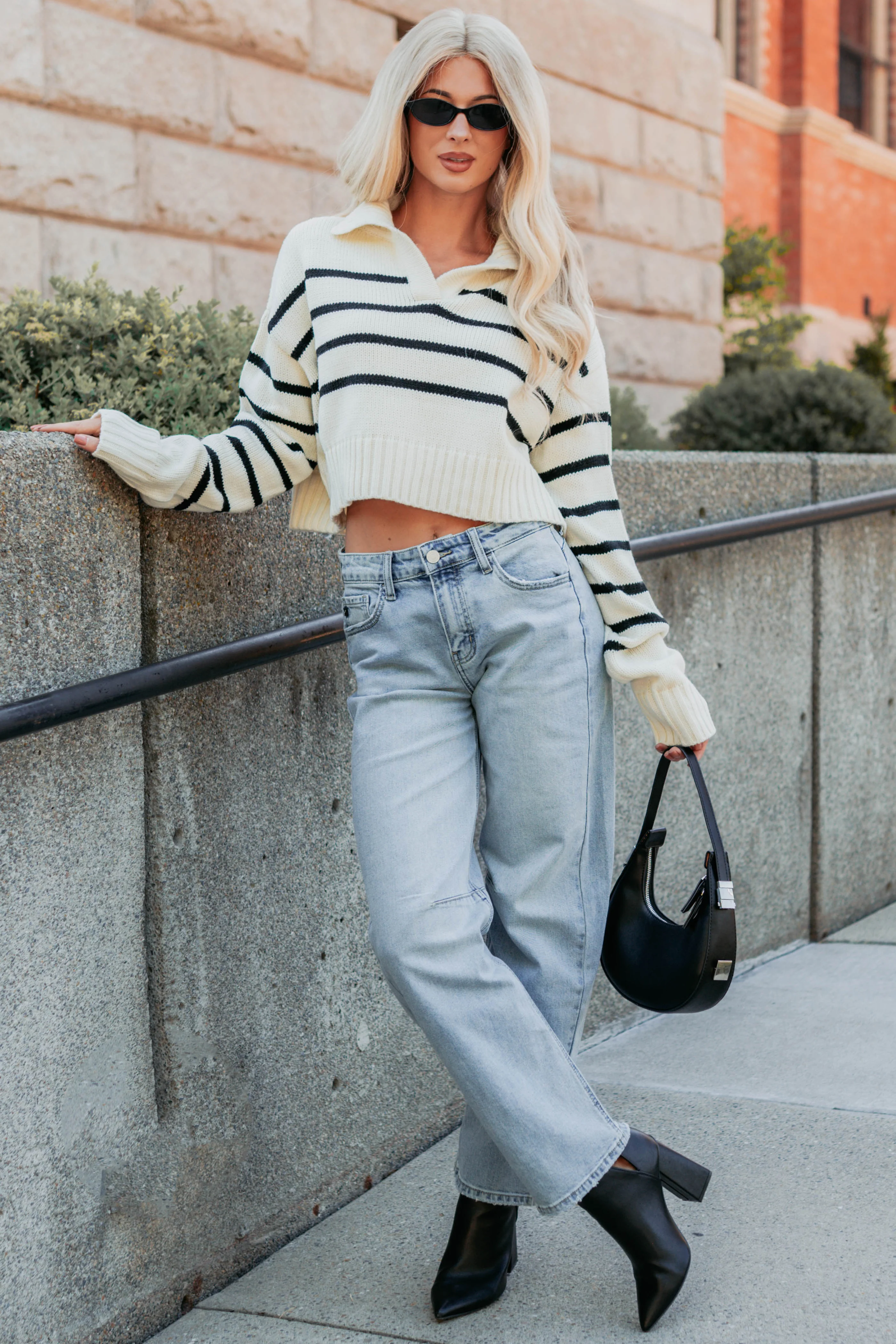 Leisure Time Striped Collared Sweater (Cream/Black) - Image 6