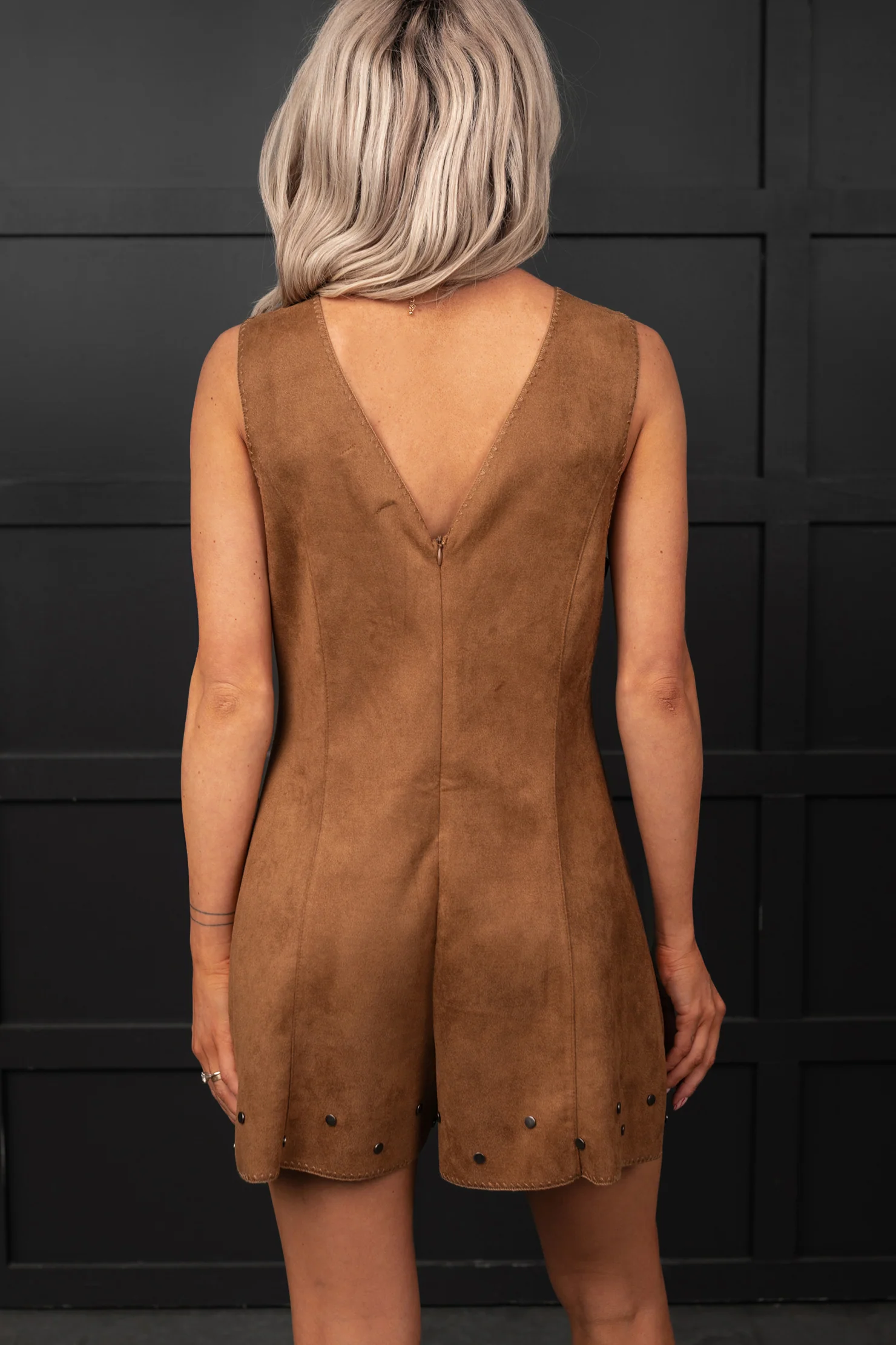 Let It Be Faux Suede Lace-Up Romper (Camel) - Image 5