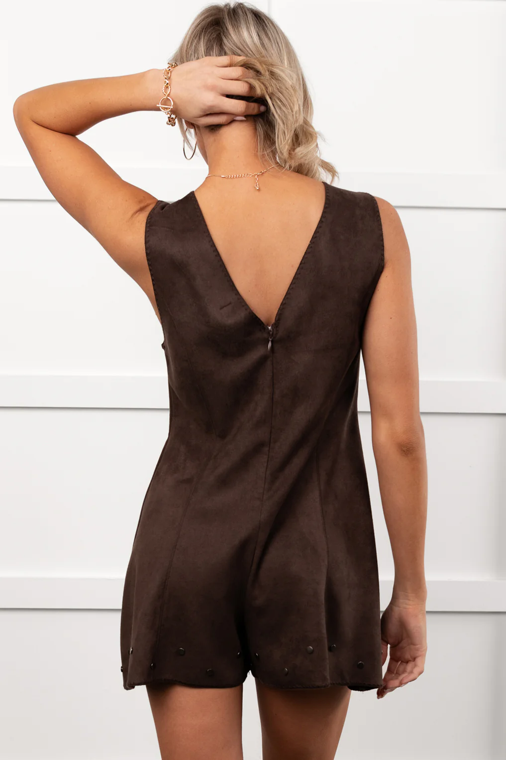 Let It Be Faux Suede Lace-Up Romper (Dark Chocolate) - Image 4