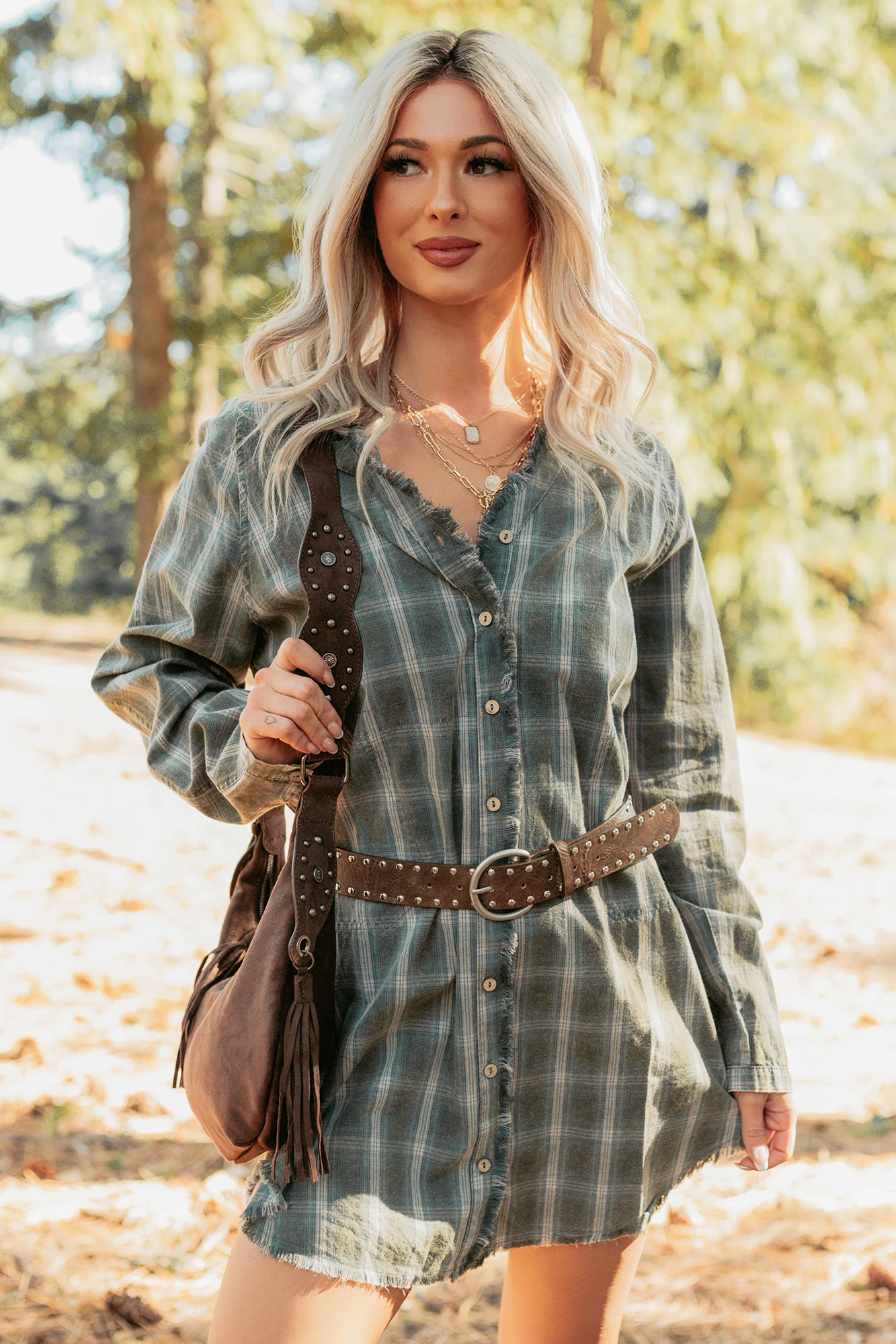 Let’s Get Lost Plaid Shirt Mini Dress (Pine Green) - Image 2