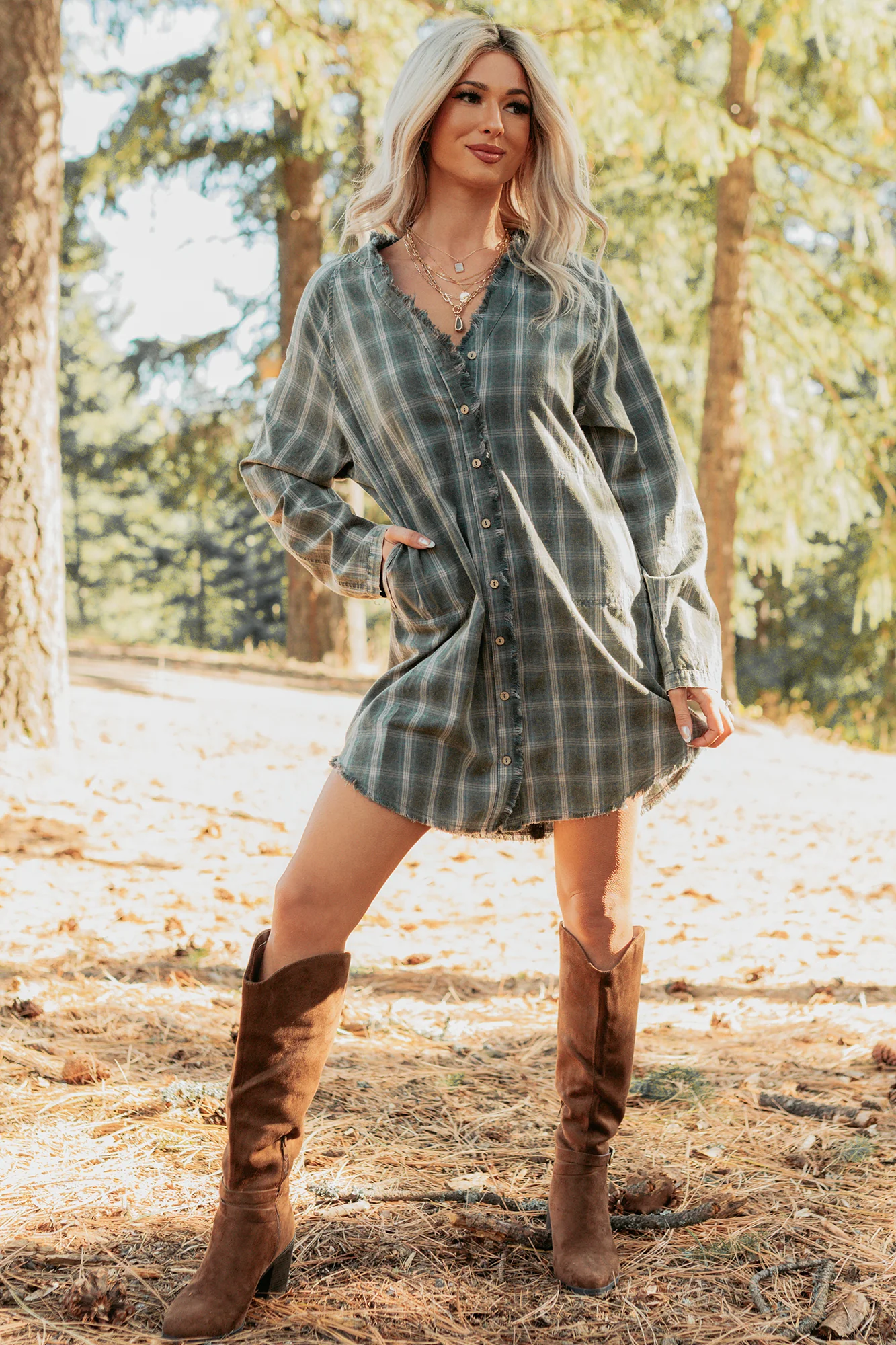 Let’s Get Lost Plaid Shirt Mini Dress (Pine Green) - Image 3