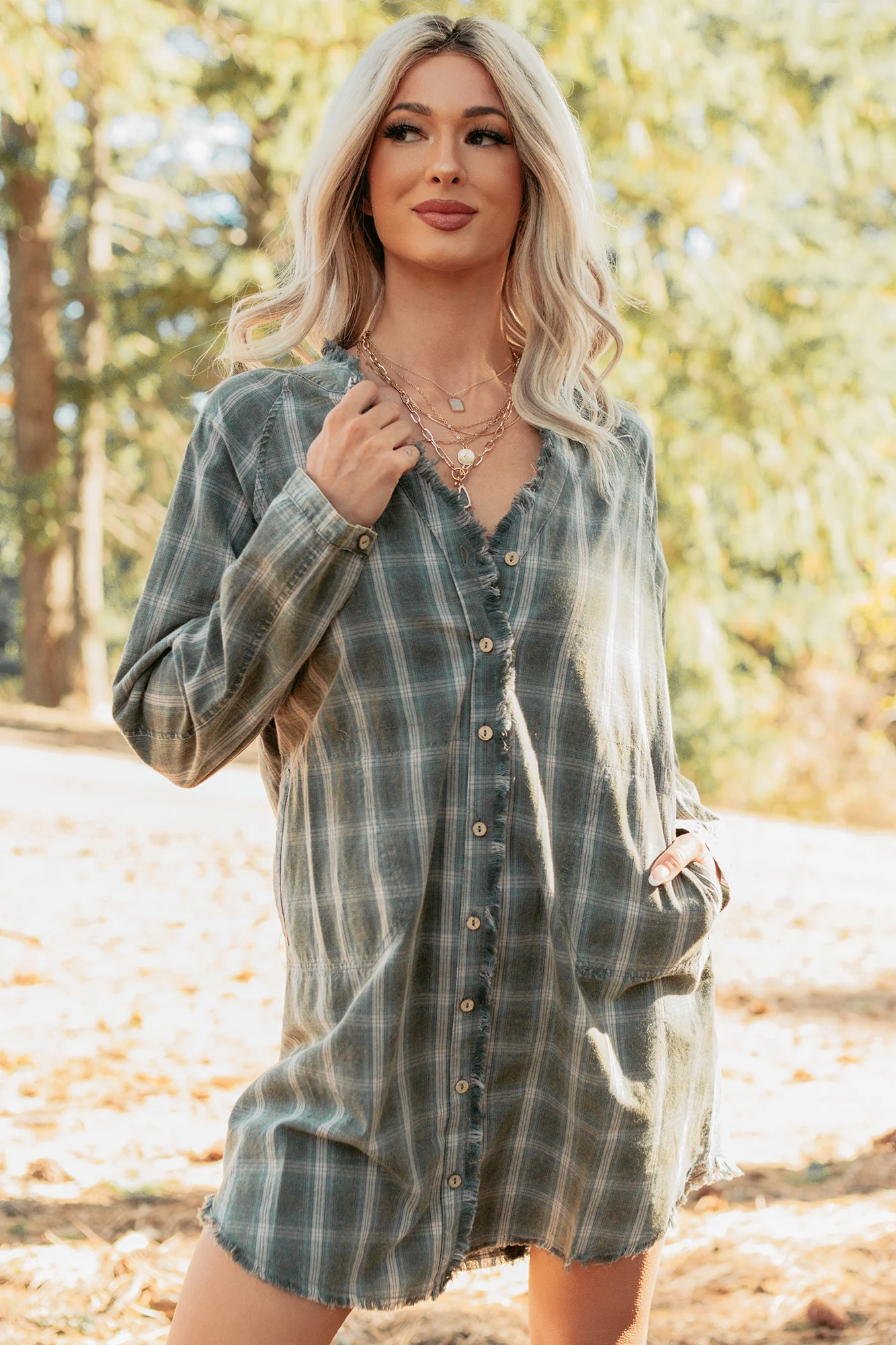 Let’s Get Lost Plaid Shirt Mini Dress (Pine Green) - Image 4