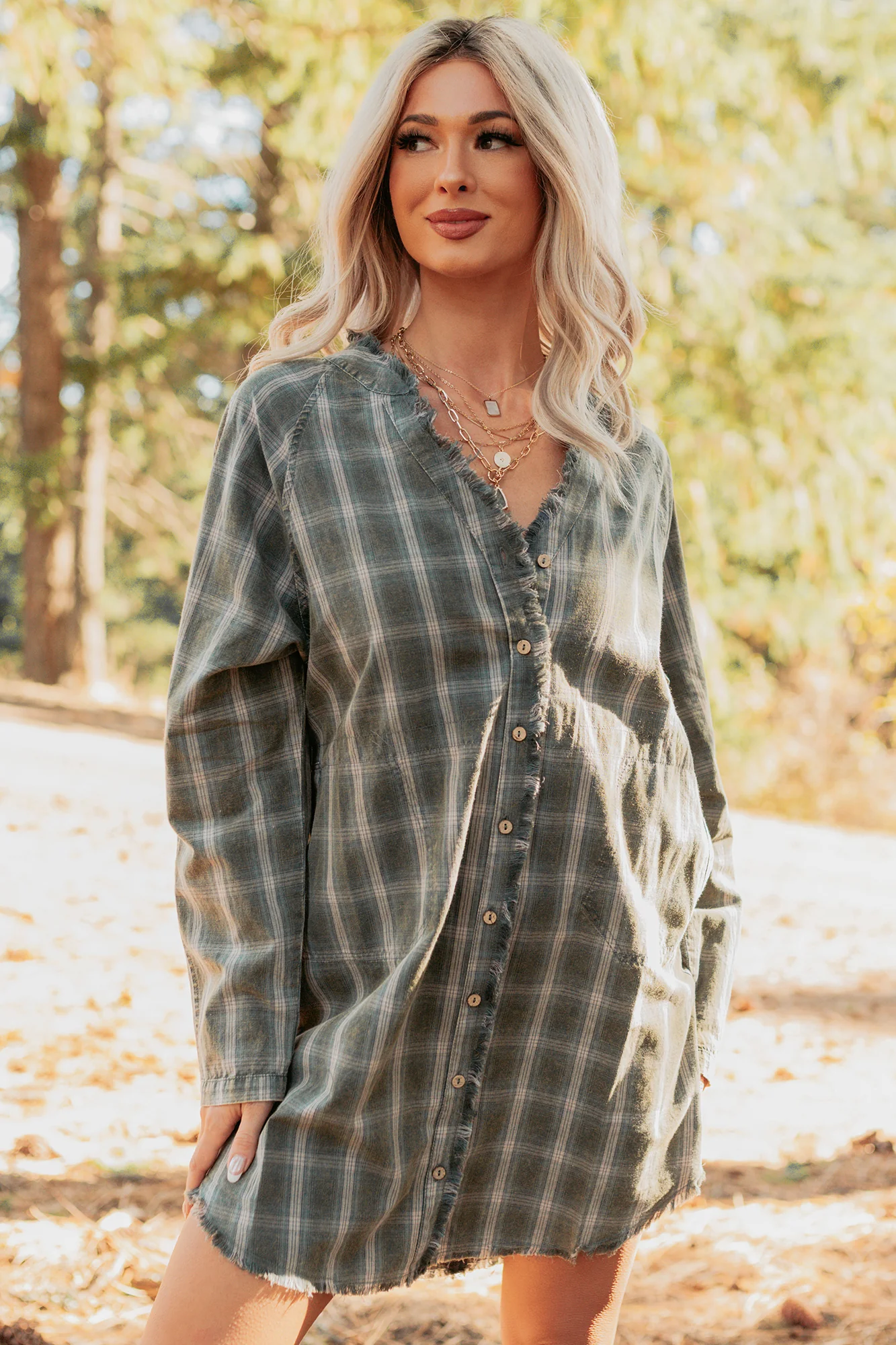 Let’s Get Lost Plaid Shirt Mini Dress (Pine Green) - Image 7