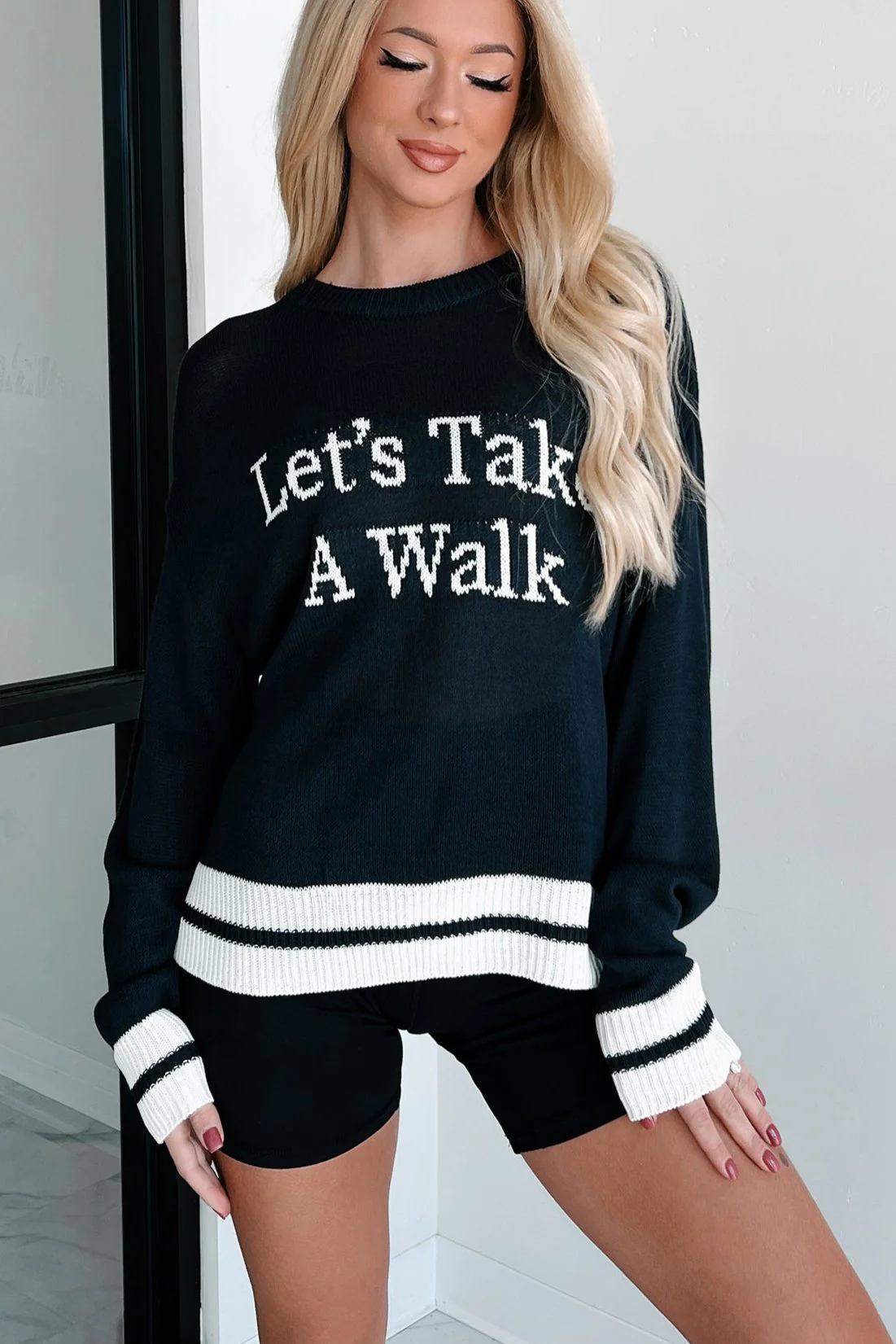 "Let's Take A Walk" Lightweight Knit Sweater (Dark Navy/White) - Image 4