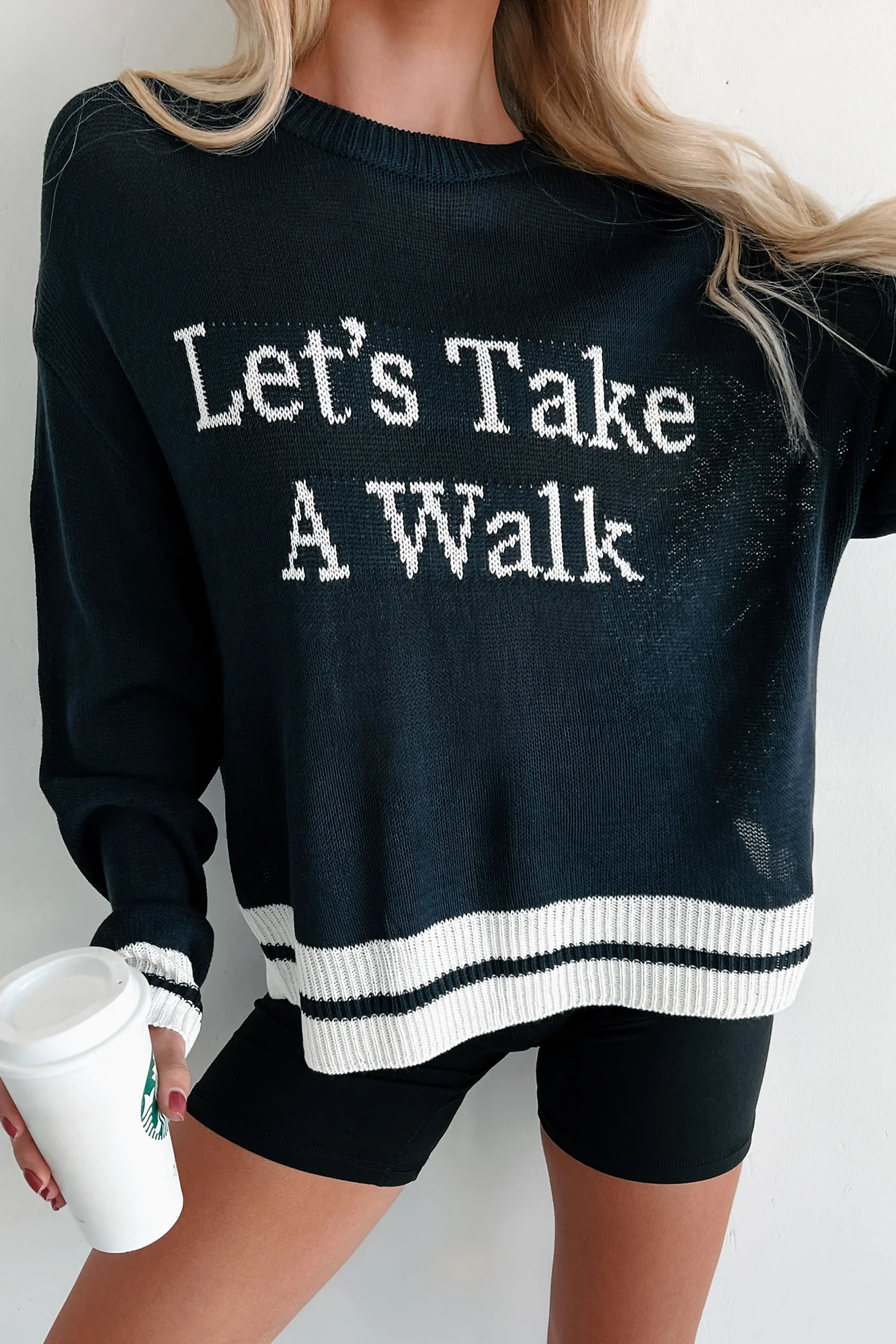 "Let's Take A Walk" Lightweight Knit Sweater (Dark Navy/White) - Image 5