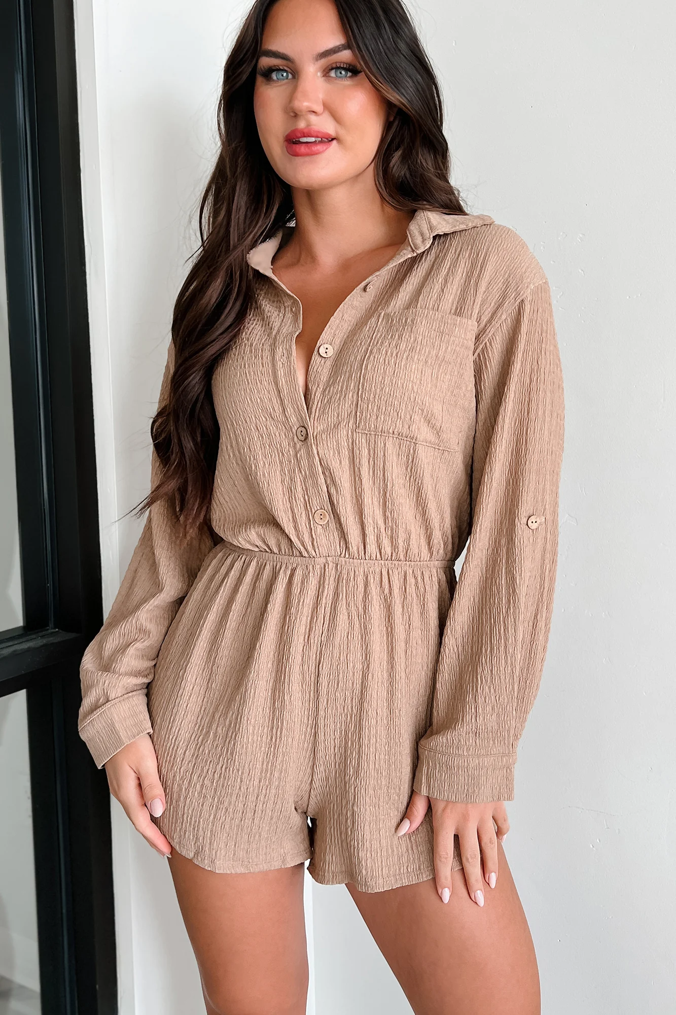 Letting Colors Fade Textured Romper (Dark Taupe) - Image 3