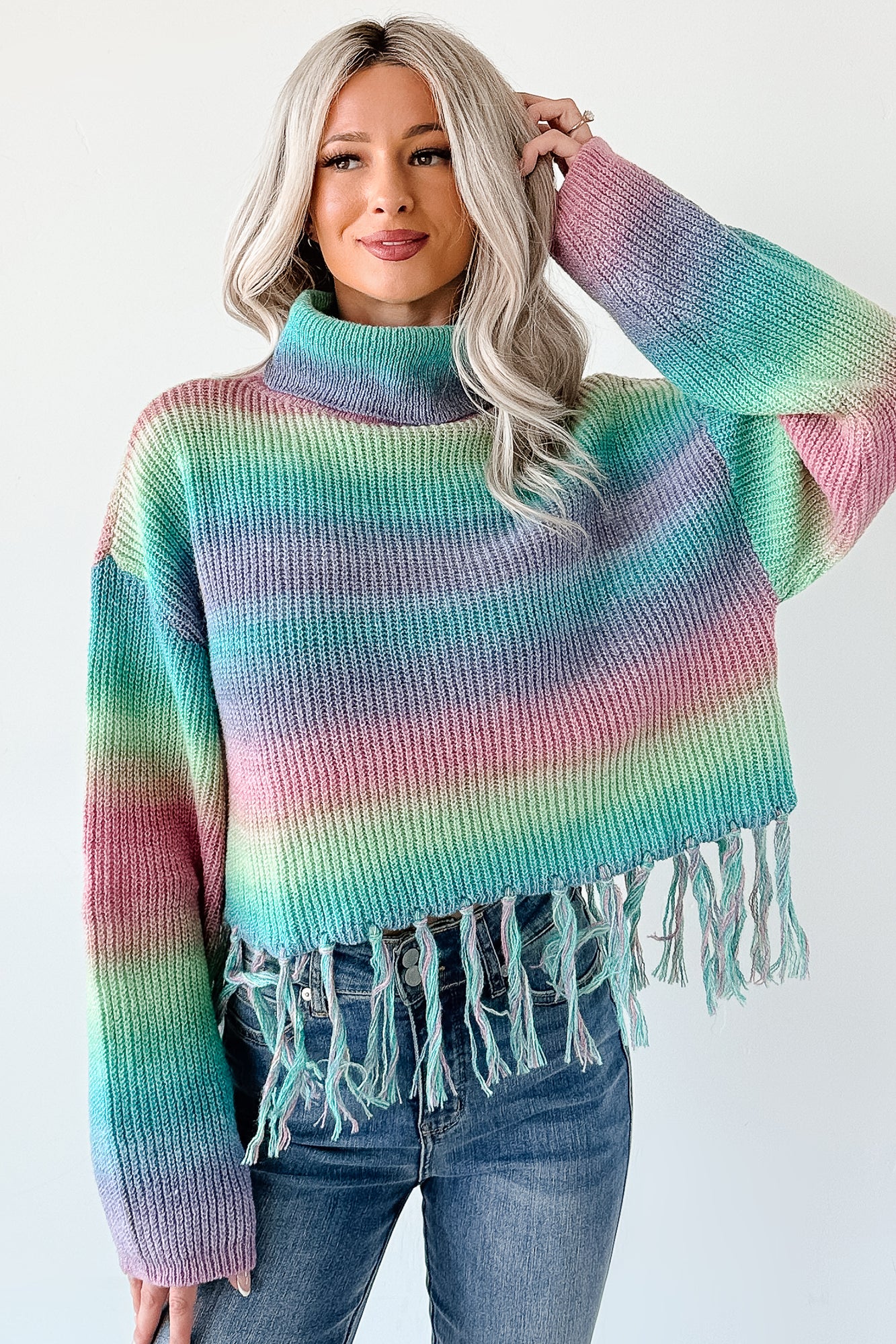 Life In Color Ombre Stripe Tassel Sweater (Sage Rainbow) - Image 2