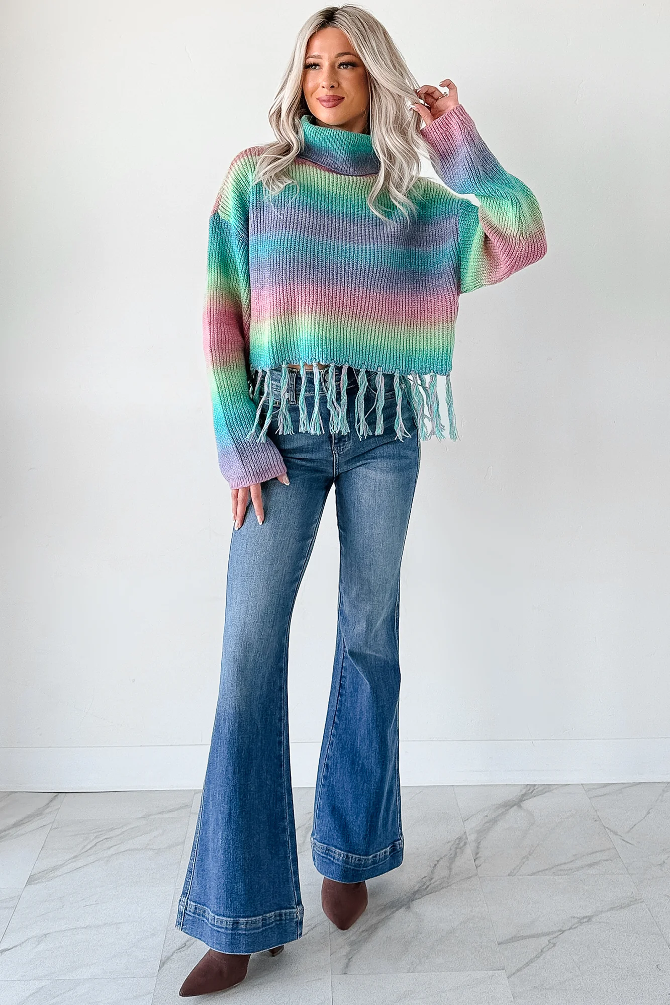 Life In Color Ombre Stripe Tassel Sweater (Sage Rainbow) - Image 3