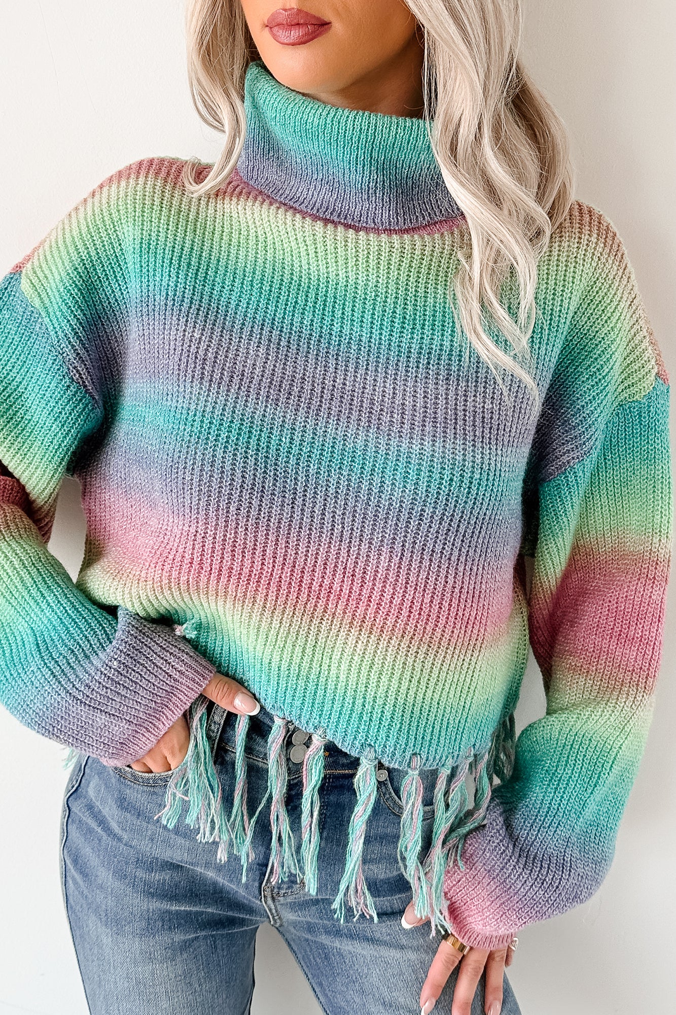 Life In Color Ombre Stripe Tassel Sweater (Sage Rainbow) - Image 5