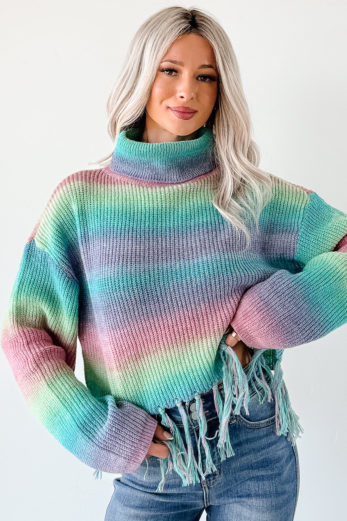 Life In Color Ombre Stripe Tassel Sweater (Sage Rainbow) - Image 6