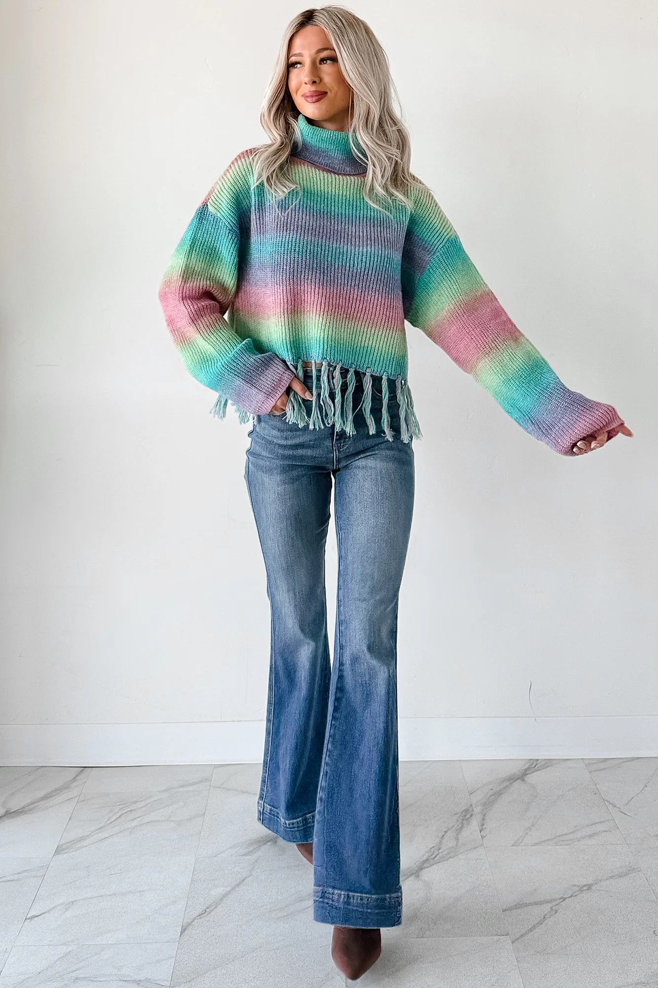 Life In Color Ombre Stripe Tassel Sweater (Sage Rainbow) - Image 7