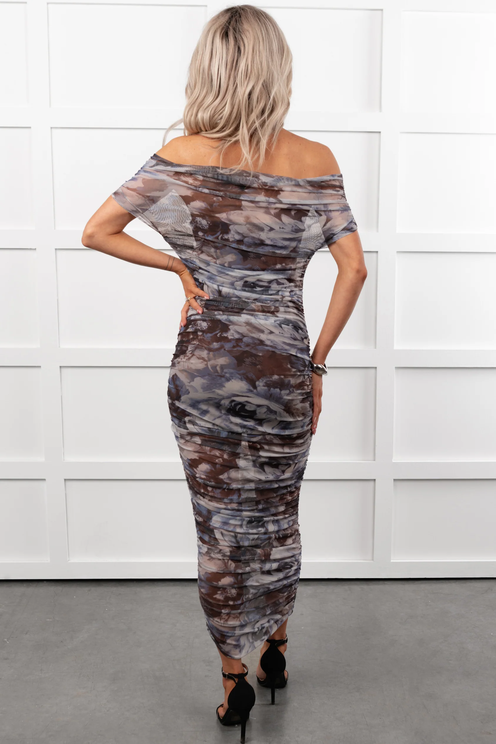 Life Manifest Two Piece Mesh Midi Dress (Grey Floral) - Image 6