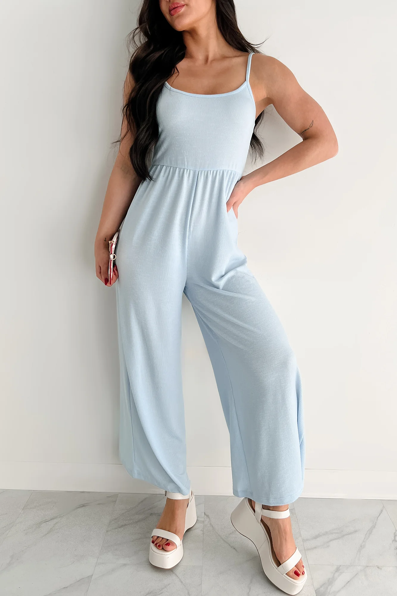 Light As Air Ribbed Wide Leg Jumpsuit (Ice Blue) - Image 4