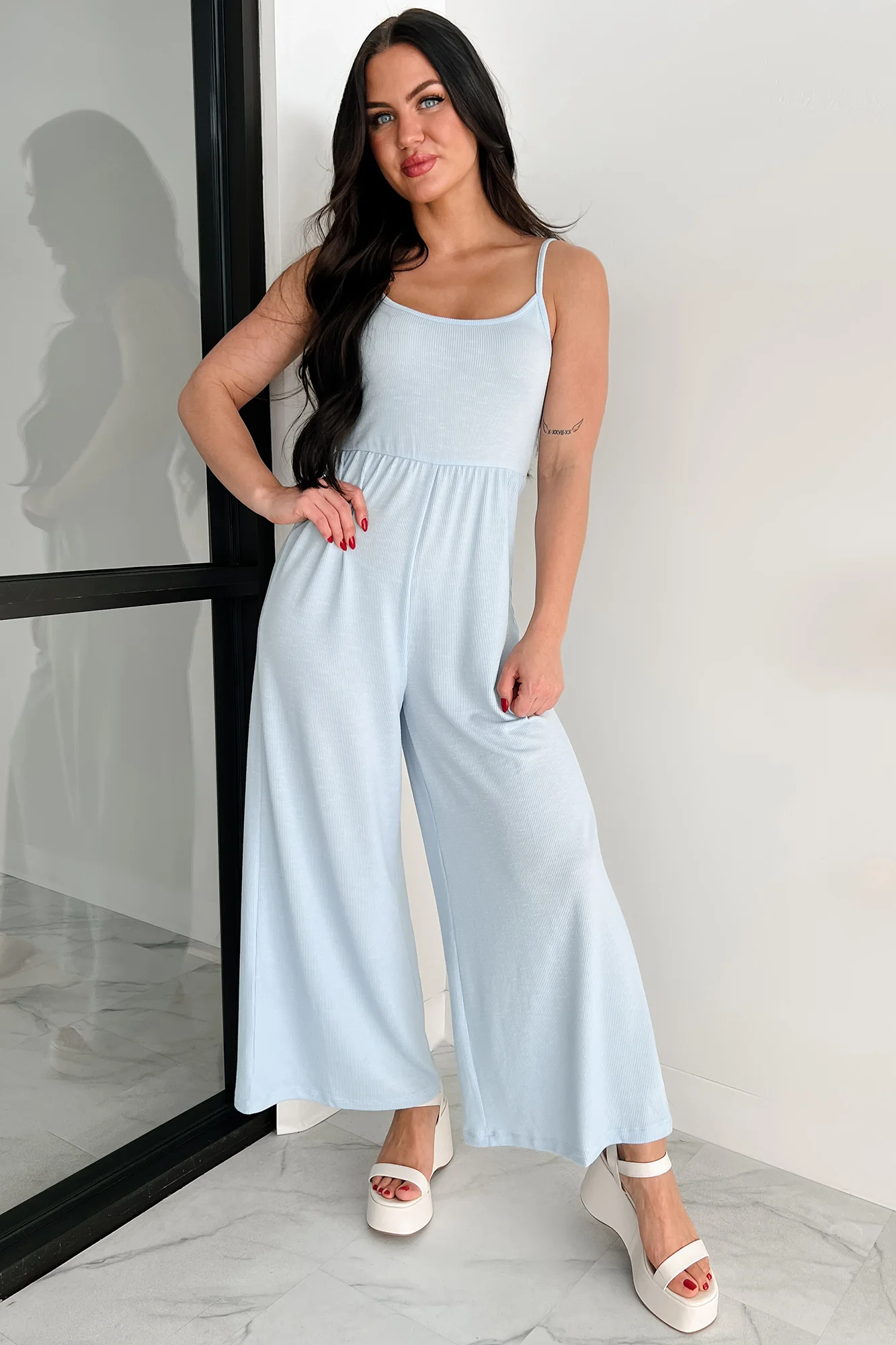 Light As Air Ribbed Wide Leg Jumpsuit (Ice Blue) - Image 5