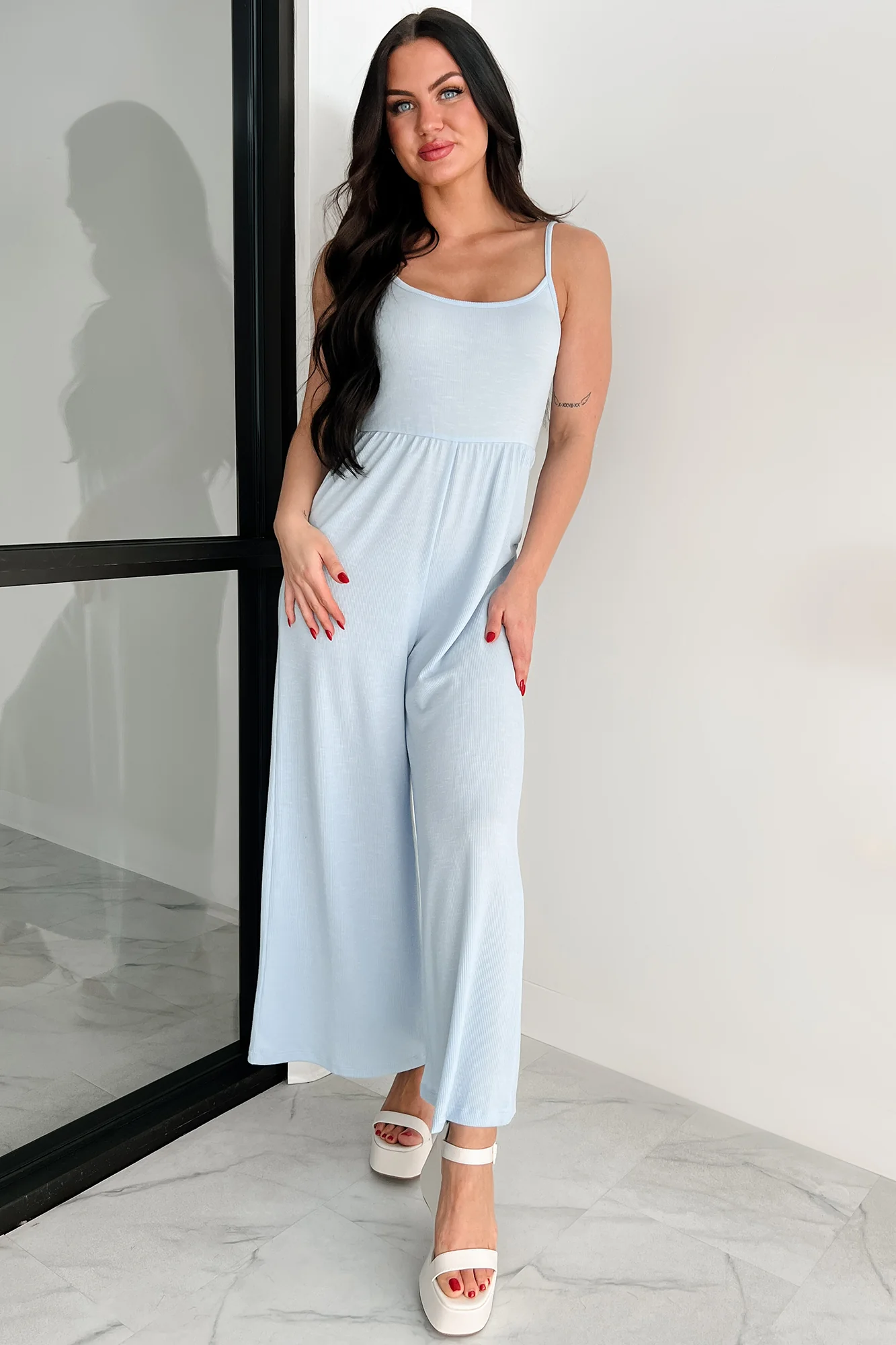 Light As Air Ribbed Wide Leg Jumpsuit (Ice Blue) - Image 6