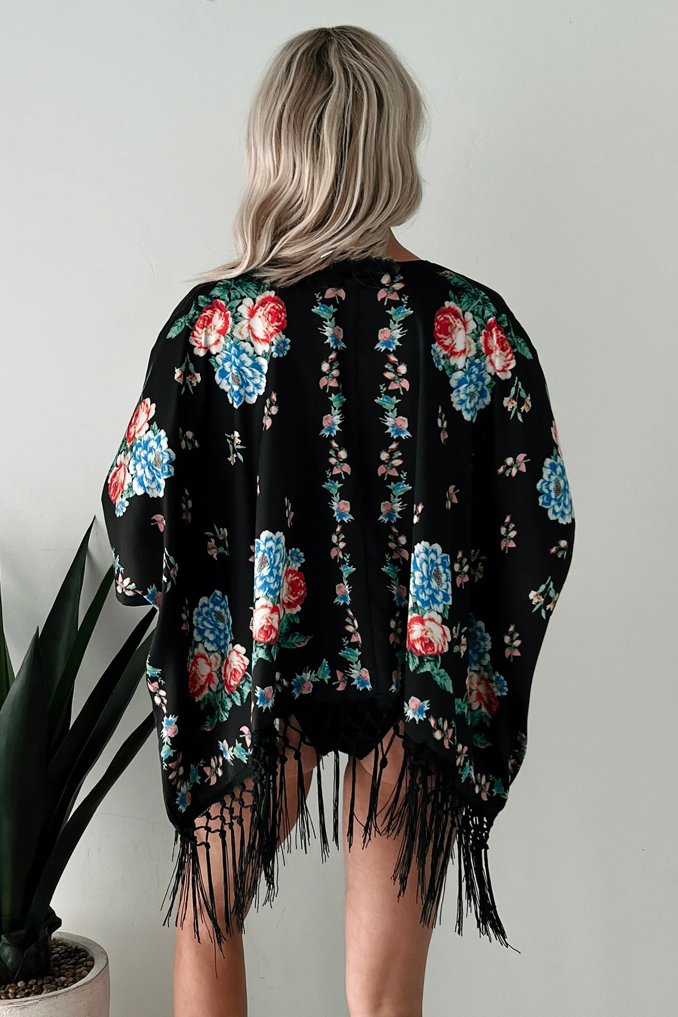 Like A Blooming Rose In Spring Floral Kimono Shawl (Black) - Image 2