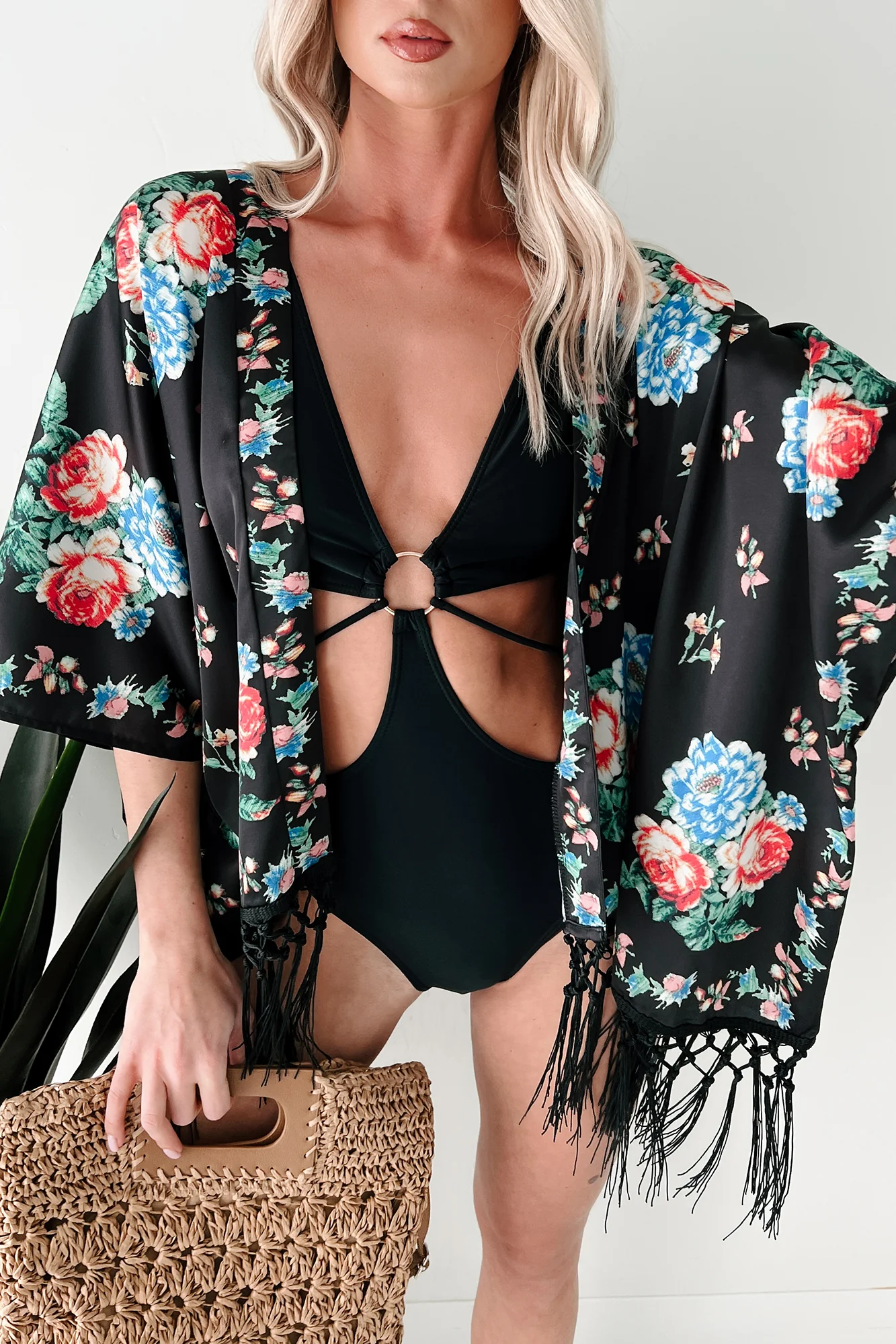 Like A Blooming Rose In Spring Floral Kimono Shawl (Black) - Image 4