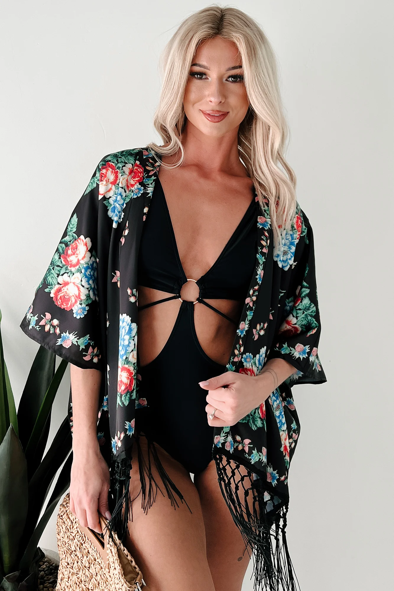 Like A Blooming Rose In Spring Floral Kimono Shawl (Black) - Image 5
