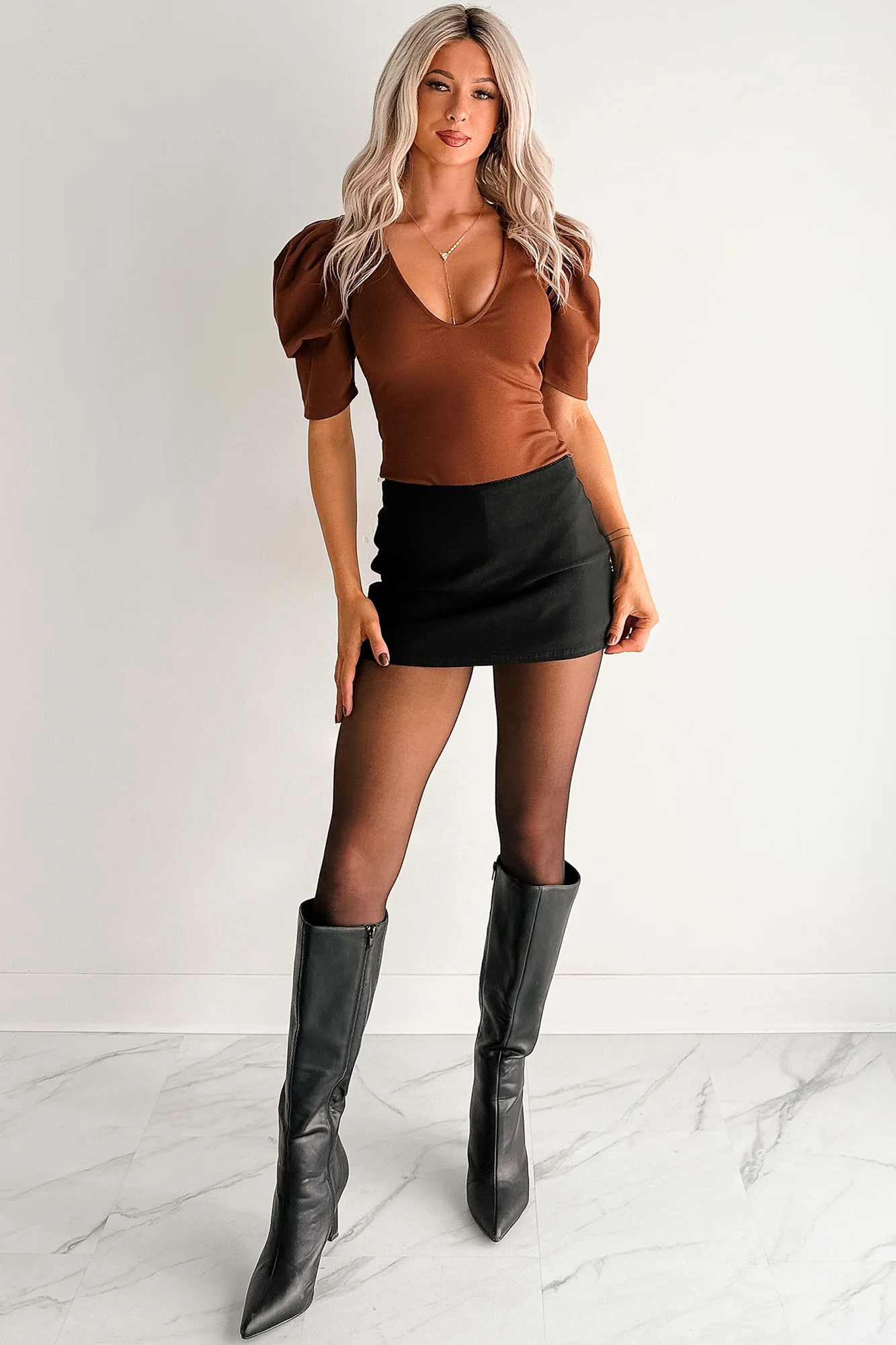 Limitless Nights Deep V Puff Sleeve FORE Bodysuit (Chocolate) - Image 2