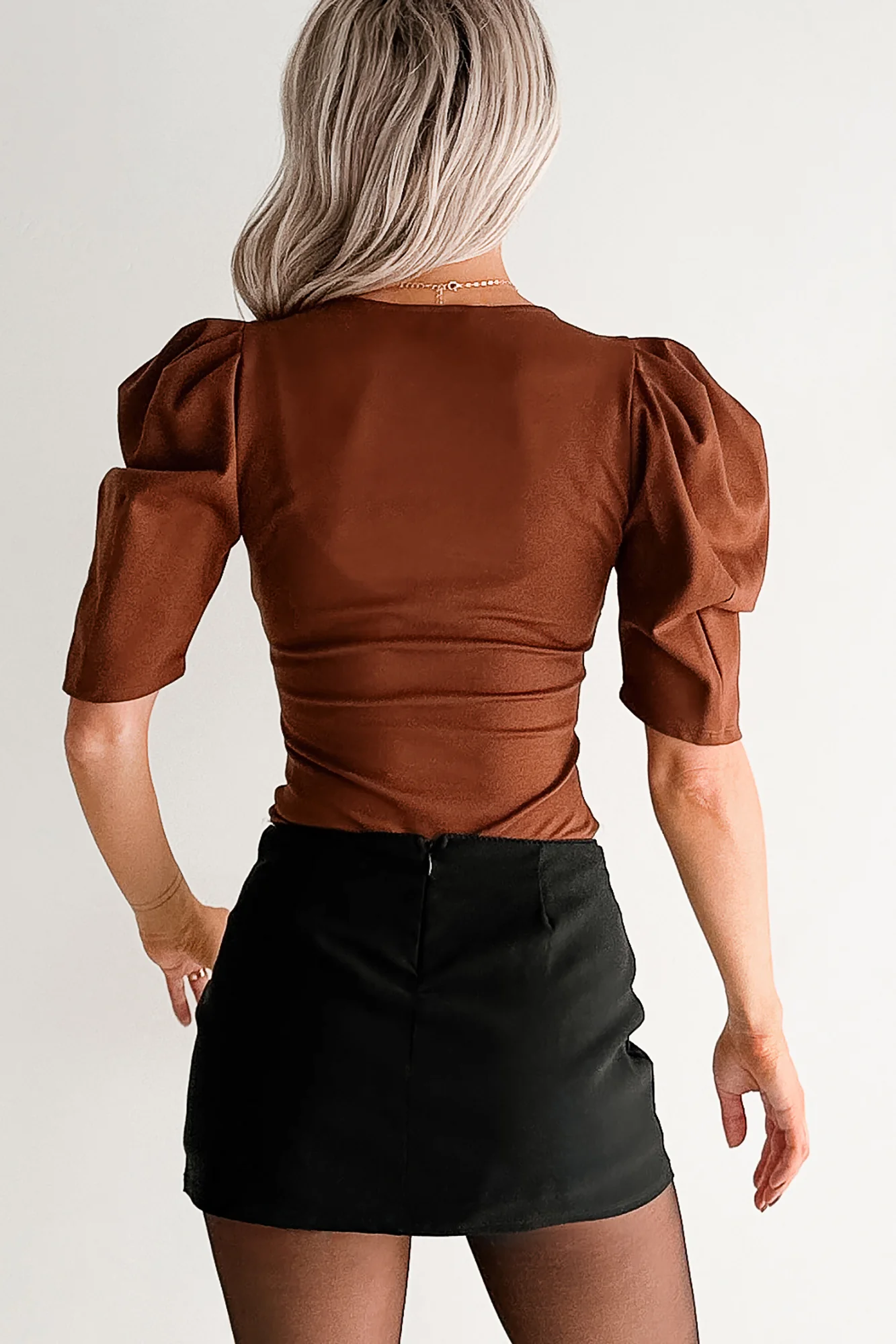 Limitless Nights Deep V Puff Sleeve FORE Bodysuit (Chocolate) - Image 4