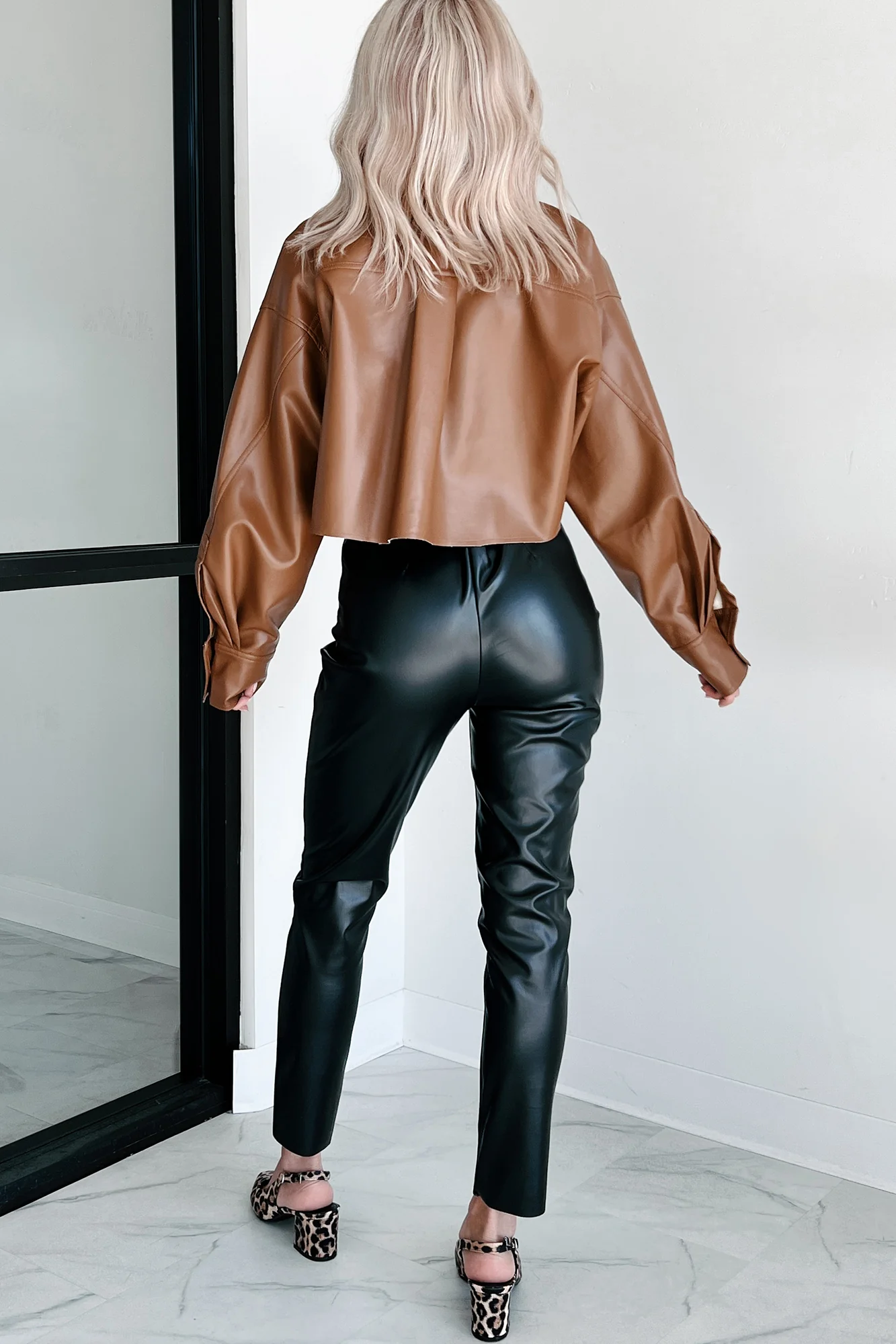 Little Bit Sassy Faux Leather Crop Shacket (Brown) - Image 6