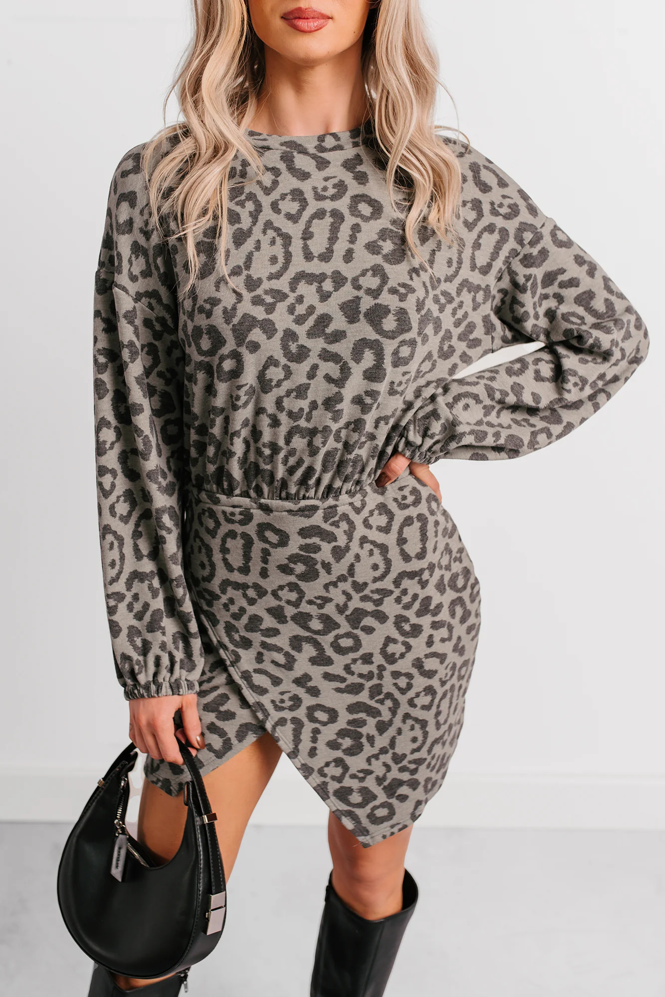 Little Miss Bossy Asymmetric Mini Dress (Grey Leopard) - Image 4