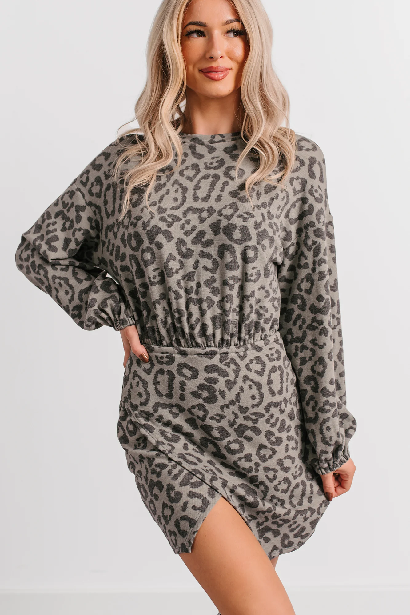 Little Miss Bossy Asymmetric Mini Dress (Grey Leopard) - Image 5