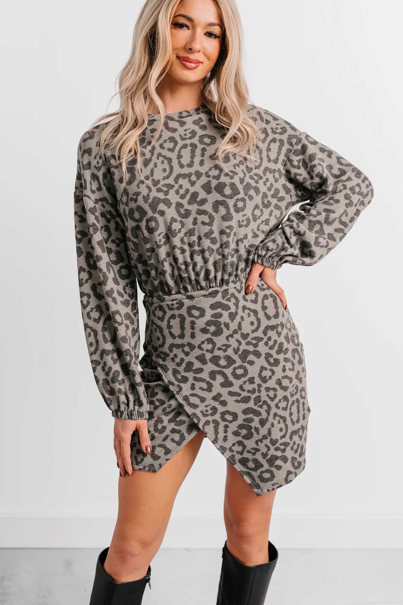 Little Miss Bossy Asymmetric Mini Dress (Grey Leopard) - Image 6
